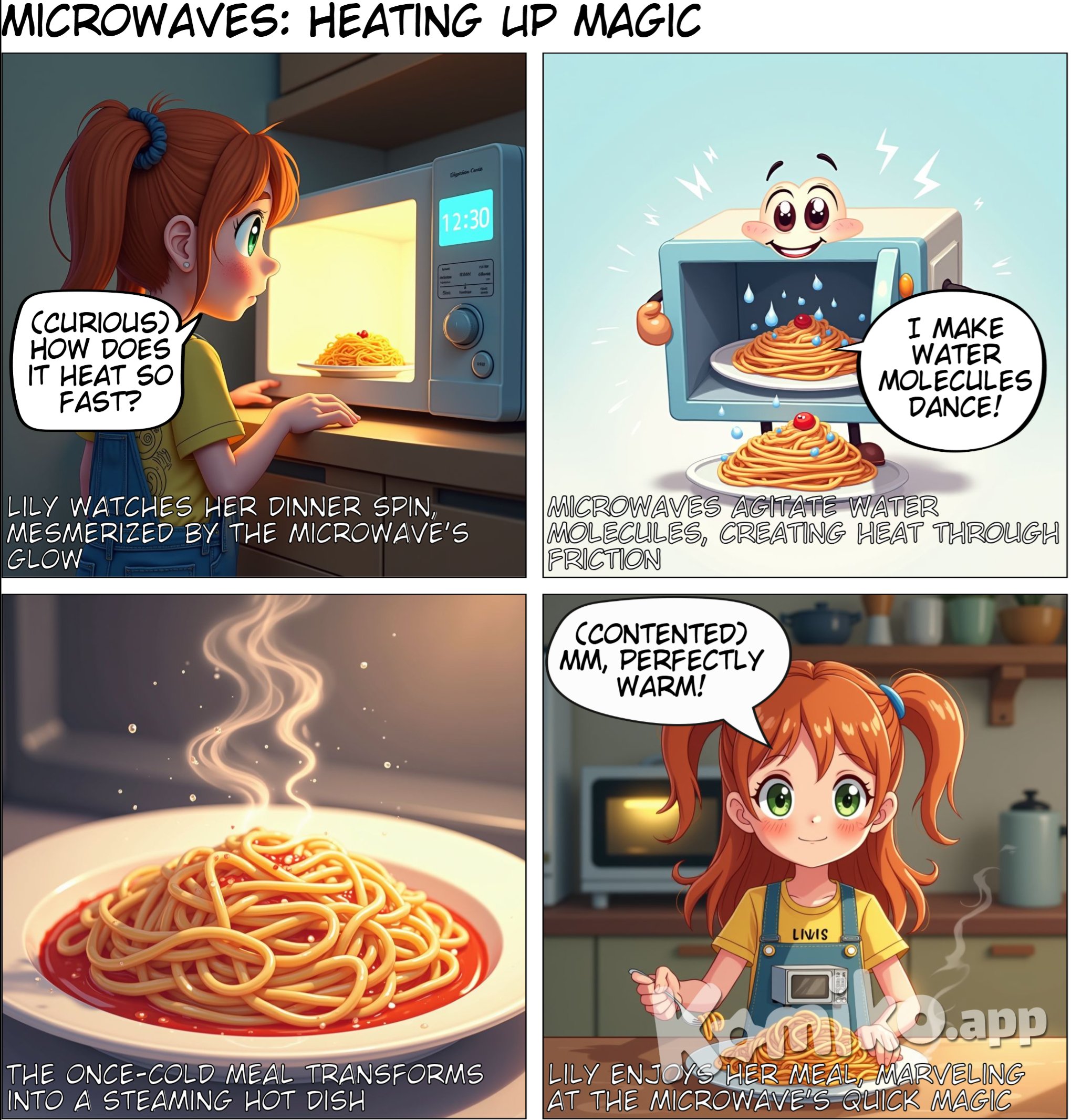 Page 2 Title: Microwaves: Heating Up Your Food Panel 1: Lily is standing in front of a microwave oven, watching food heat up inside. Lily: (Curious) How does the microwave make the food hot so quickly? Panel 2: A diagram showing microwaves being absorbed by water molecules in food, causing them to vibrate and generate heat. Panel 3: A close-up of the food, showing steam rising as it heats up. Panel 4: Lily smiles, enjoying a warm meal made possible by microwaves.
