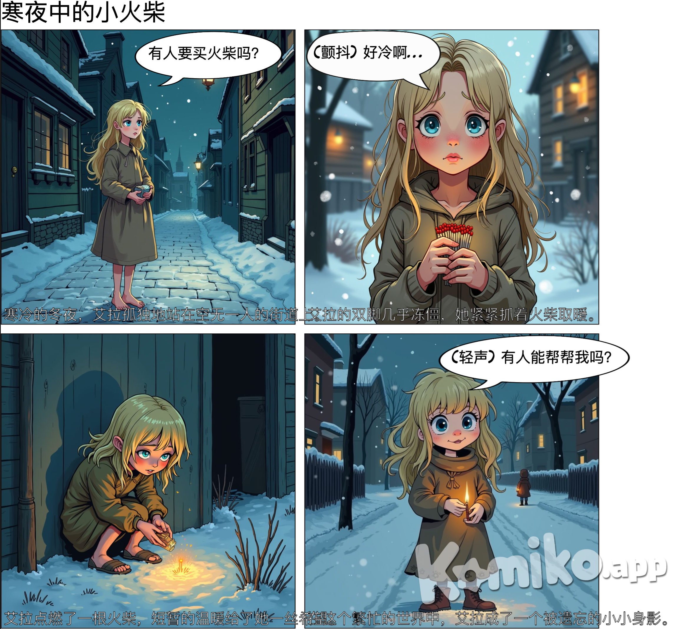 在一个寒冷的冬夜，鹅卵石街道上空无一人，卖火柴的小女孩艾拉在她的破旧衣服中颤抖，赤裸的双脚几乎无法承受寒冷。她紧紧抓着一小捆火柴，在这个繁忙的世界中徘徊，一个小小的身影，被周围的冷漠所淹没。