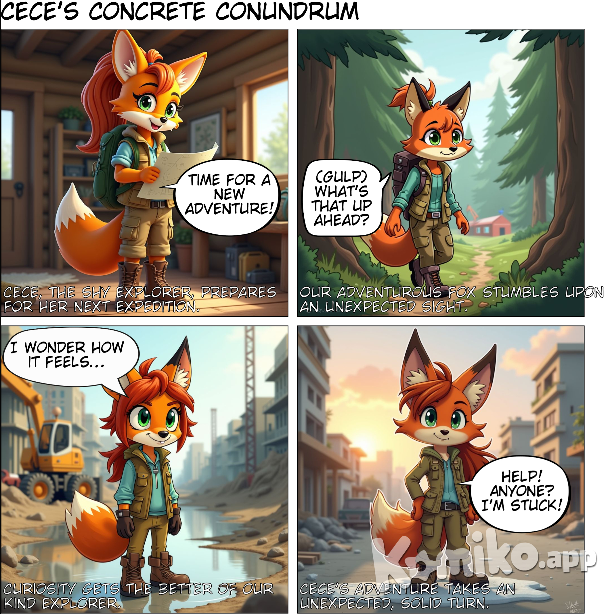 <Cece-allc> a 26 year old Female Fox furry, She is a explorer and is Shy,Kind, and Adventurous she lives in a log cabin in the woods and her interests are Quicksand,Hiking,Exploring is frozen solid in concrete