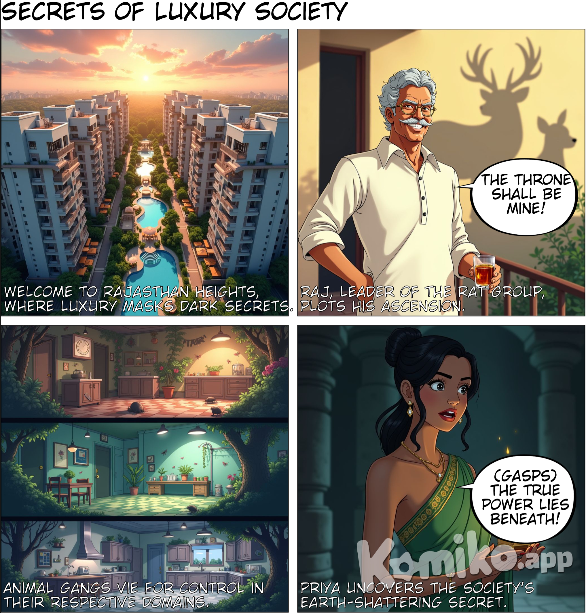 There is a indian society where there are buildings where people live in kind of a residential society. But which seems a normal high life style luxurious society. There are darker secrets for the throne of that area, there are groups and group leaders within the society. There is the rato group which is the rat group, there is the ant gang, there is cockroach gang, there is snake elite group, bed bug group. This should be the basic intro to the comic with intros of all groups and the society which will be about the throne of that area.. but why so much importance to that society and the land , yes there is a secret reason which will be known during the climax as we move ahead with the story