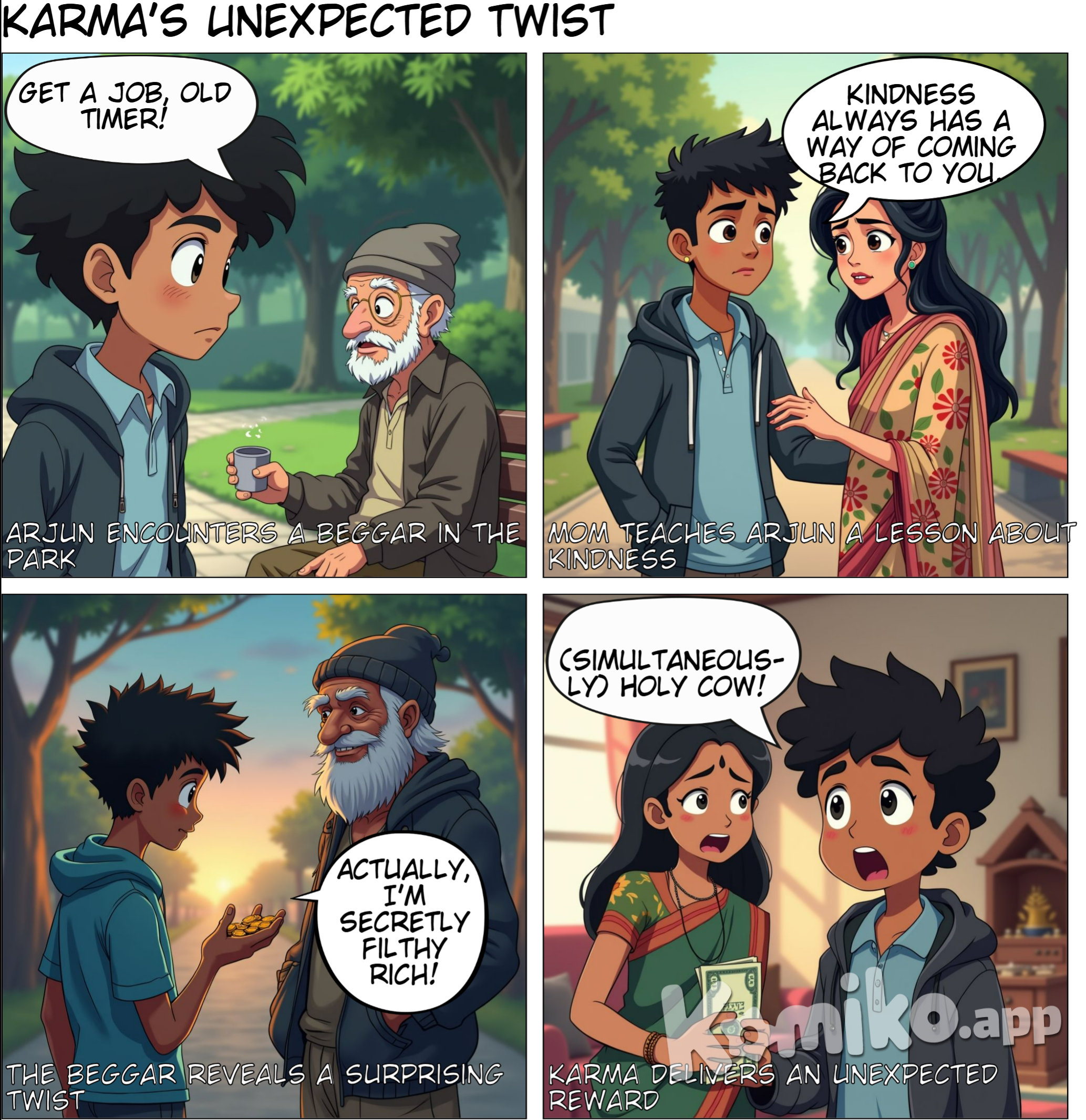 A 12 year old boy who is indian is walking through the park. He has curly hair, combed a bit up, and is wearing a polo shirt with a hoodie on. He sees an old man who is begging for money. He is rude to the old man and walks away. His mom was with him and she told him that, "Kindness always has a way of coming back to you". Later that evening, the boy gives the old man some coins. The old man stands up and explains himself. He explains that he is secretly rich and was testing to see who was kind enough to give him money. He gave the boy a 200 dollar bill. The boy was shocked. He went back home to tell his mom and they both were very shocked. The boy learns his lesson. The End.