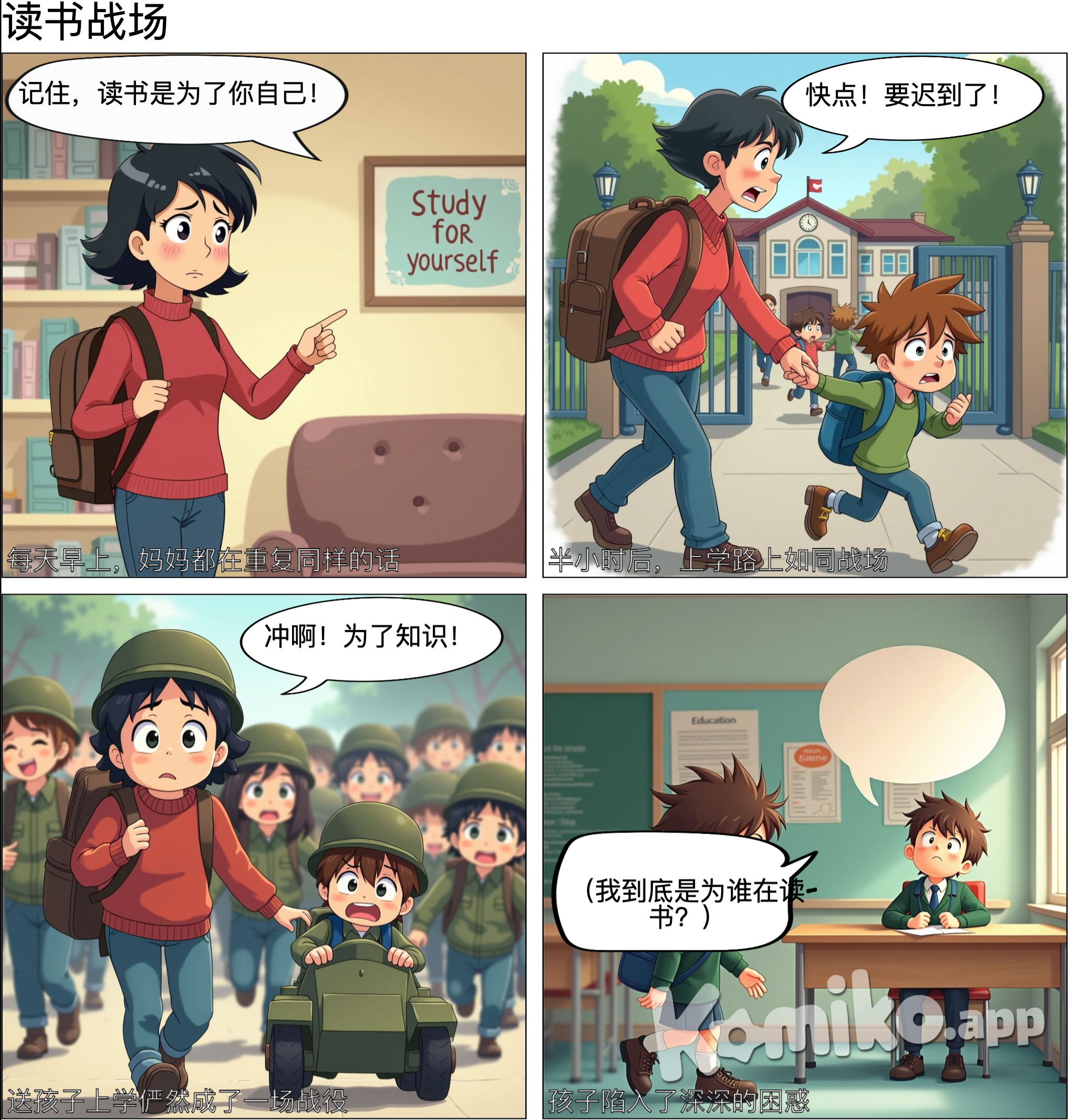 每天都提醒孩子：读书是为了自己， 但每天送他上学，却像打仗一样。”