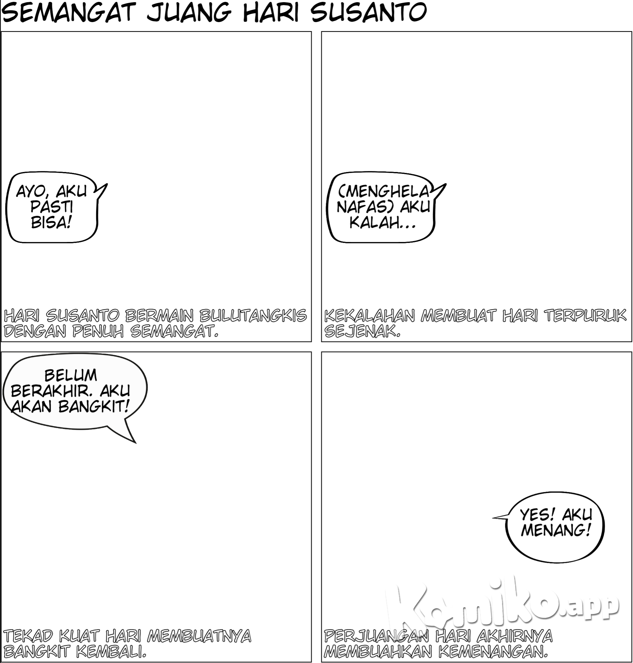 seorang laki laki bernama hari susanto berkulit hitam sedang memainkan bulu tangkis lalu dia kalah tapi dia bangkit lagi lalu menang