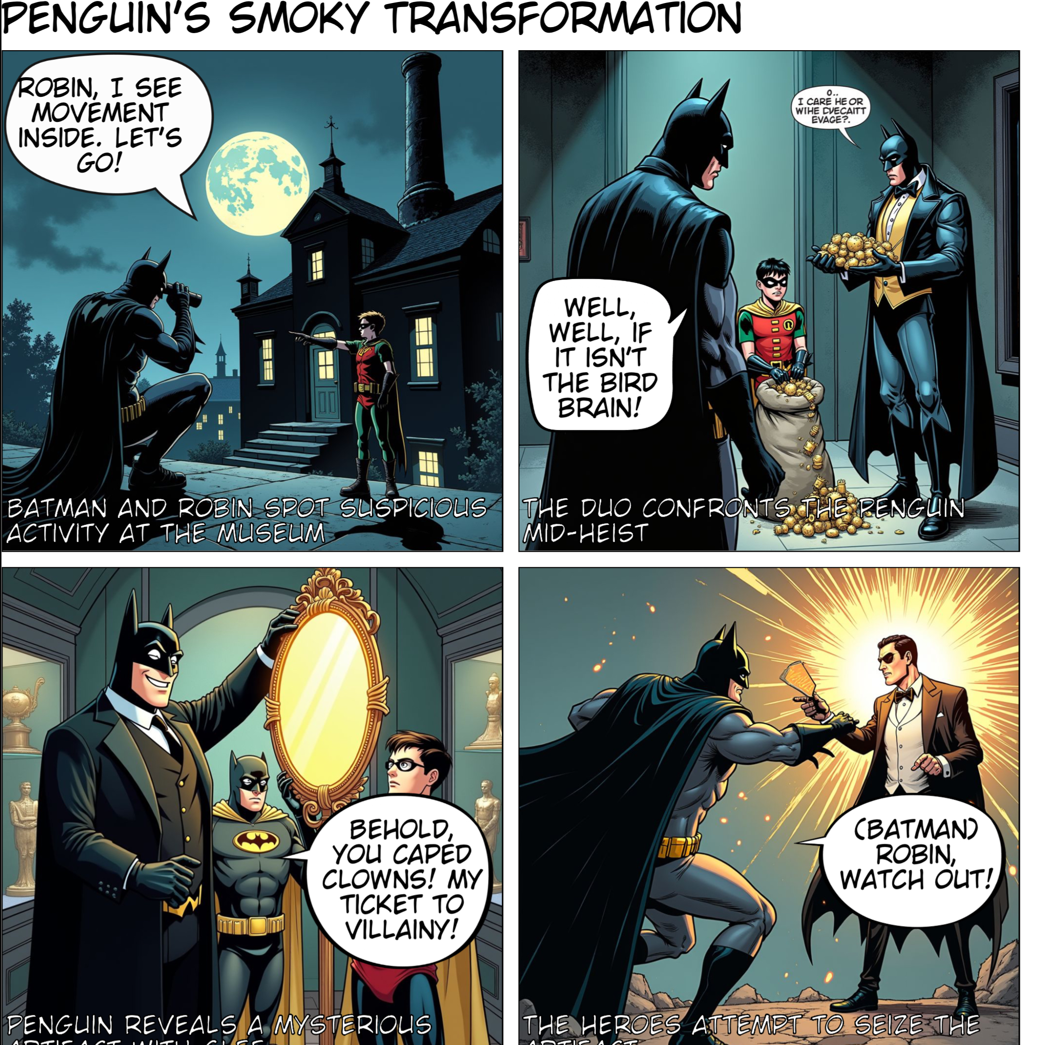 Batman & Robin investigate a robbery at a museum at night, only to discover it’s The Penguin. The Penguin reveals amongst his stolen items is an enchanted artefact which can transform others in the image of the beholder. Batman & Robin close in, cornering The Penguin, but the villain uses the artefact to transform the superheroes into evil smokers. Following transformation, he orders the duo to help him steal the rest of the exhibits.
