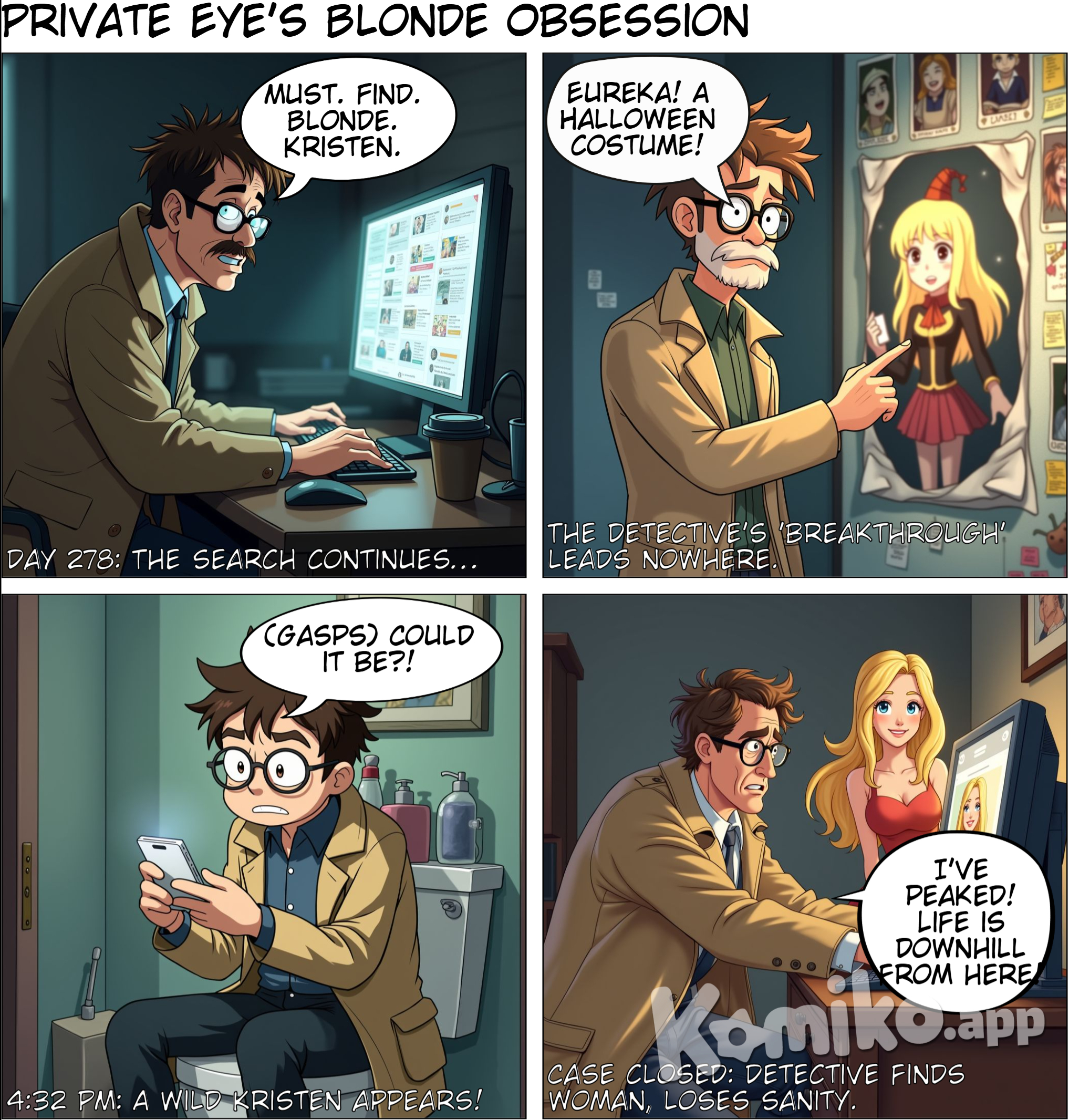 Phase 7: 10/14/2024 She is blonde. So how has your search gone, I was asked. Lots of laughter around my shortcomings as a private investigator. However she said something that make me think maybe I should focus more on the brand name and there was certainly only one that I kept coming back to in my mind. But I had searched it before. I began trying to add St. louis and searching off of the because I had to believe the internet was just proving to have too many people and I had to think of something to narrow it down. It was futale. The only thing I had come close to that looked to be maybe sisters and one was blonde didn't seem like it was the right thing. There had been no mention of these halloween costumes in previous conversations and from what I could tell this would have come up she prides herself in her ability to pull off a good costume. So back to instagram I go having exhausted my scrolling through facebook and beginning to see the same people over and over again, they didn't know me but I was becoming familiar with their profile picture as I zoomed by it. Kristen Lee I searched, scrolling and scrolling and then...it finally happened. It caught my eye as if it was the Sun bursting through the horizon itself. A detail I knew could only be her...her instagram handle, and there she was more breathtakingly beautiful than I could have ever pictured in any dream. At 4:32pm EST on 10/14/24 I had found her on Instagram. I sat for awhile just trying to process the millions of feelings all happening at once, but I hadn't found the facebook yet I had to go look again. This time it was with certainty, no longer if only a matter of when and and 4:57pm EST there she was. Case Closed.