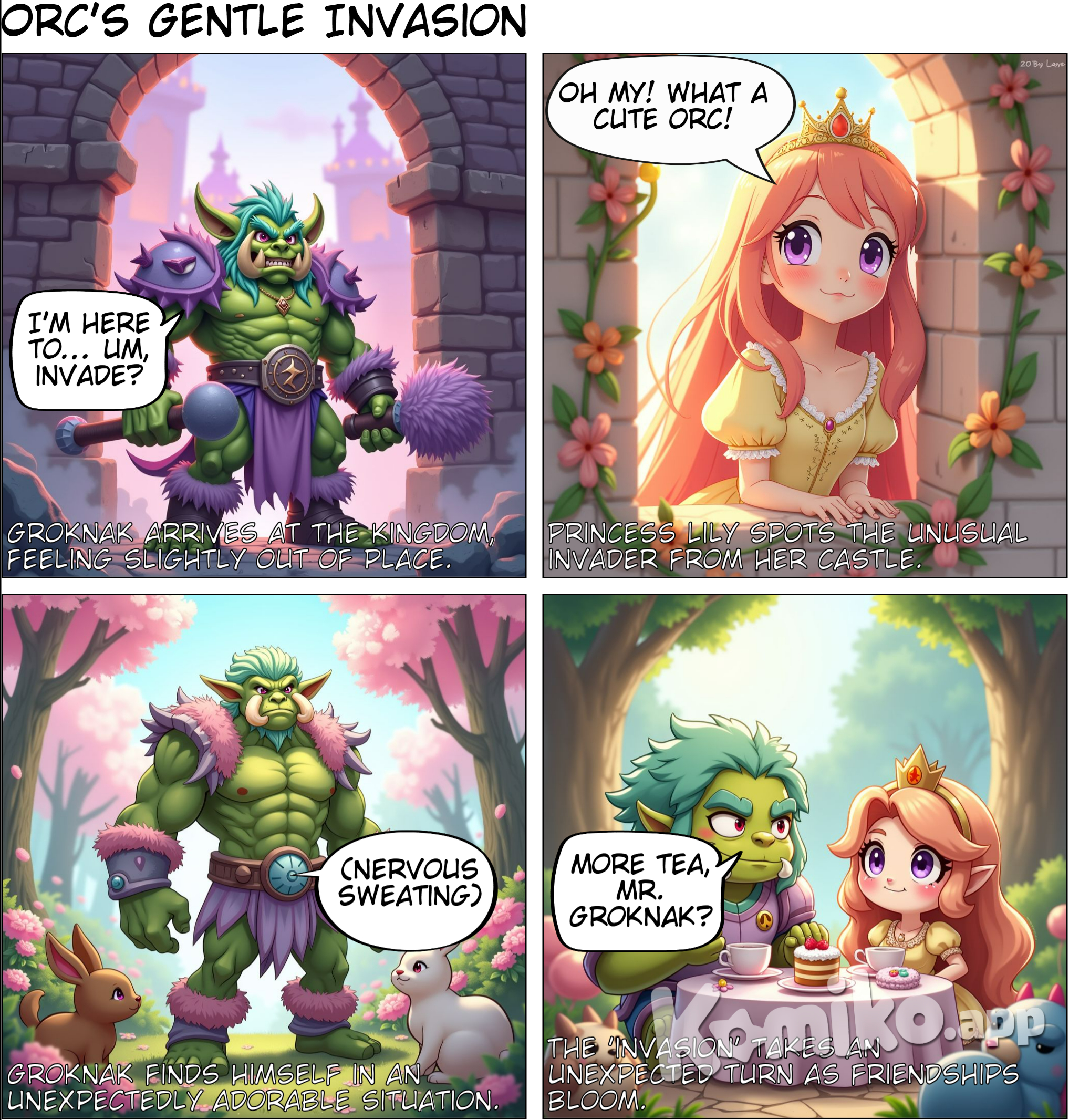 An orc attacking a kingdom, anime style with soft pastel color and soft lighting