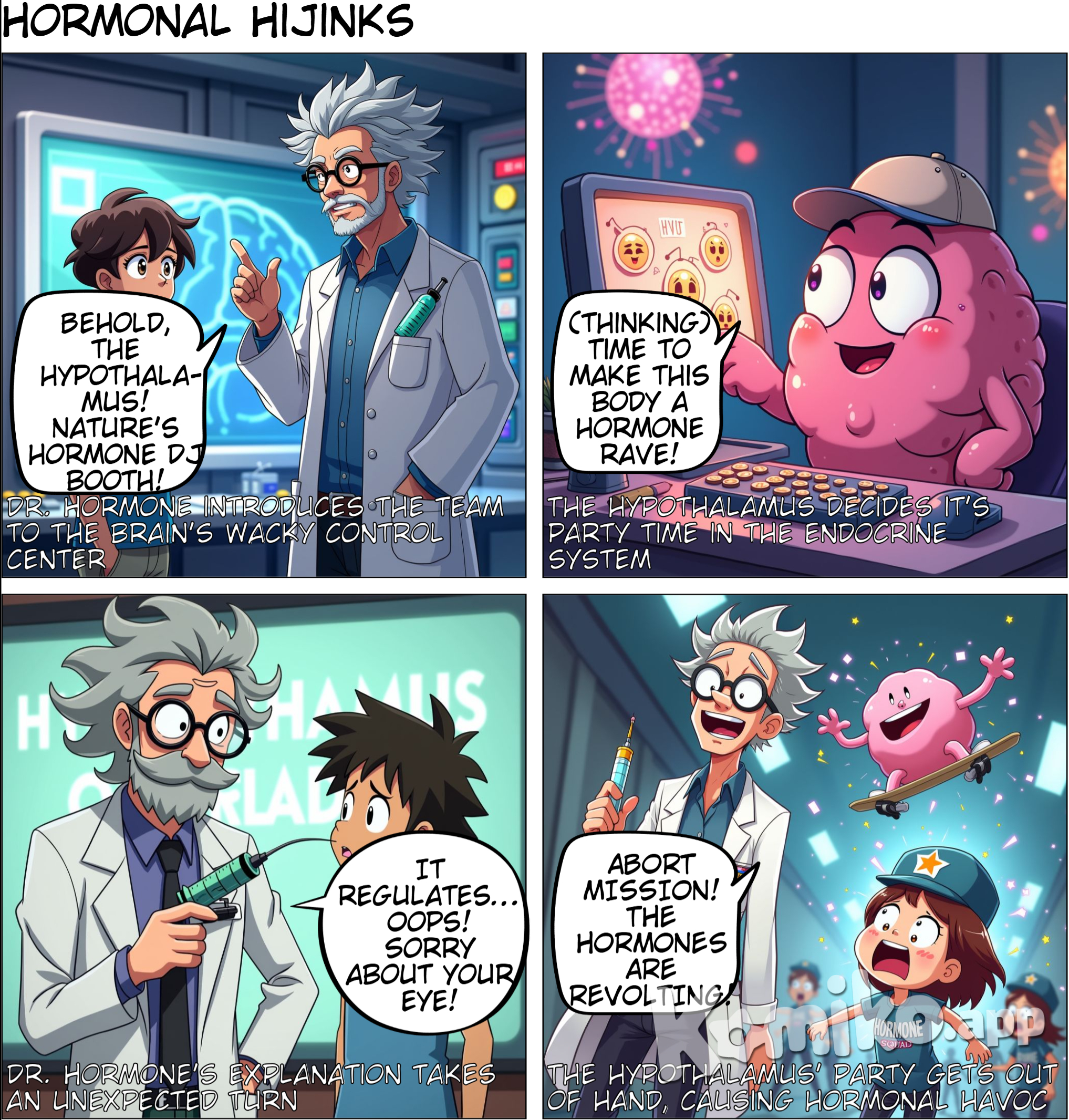 Panel 1: The team is standing in front of the hypothalamus, which is depicted as a control center with a large, digital screen. Dr. Hormone: "First stop: the hypothalamus! This is the control center of the endocrine system. It sends signals to other glands to release hormones." Panel 2: A close-up of the hypothalamus screen showing different hormone levels and signals. Hypothalamus (Thought Bubble): "Time to release some hormones! Let's get this body in balance!" Panel 3: Dr. Hormone explaining to the audience. Dr. Hormone: "The hypothalamus works with the pituitary gland to regulate various functions, like body temperature and hunger."