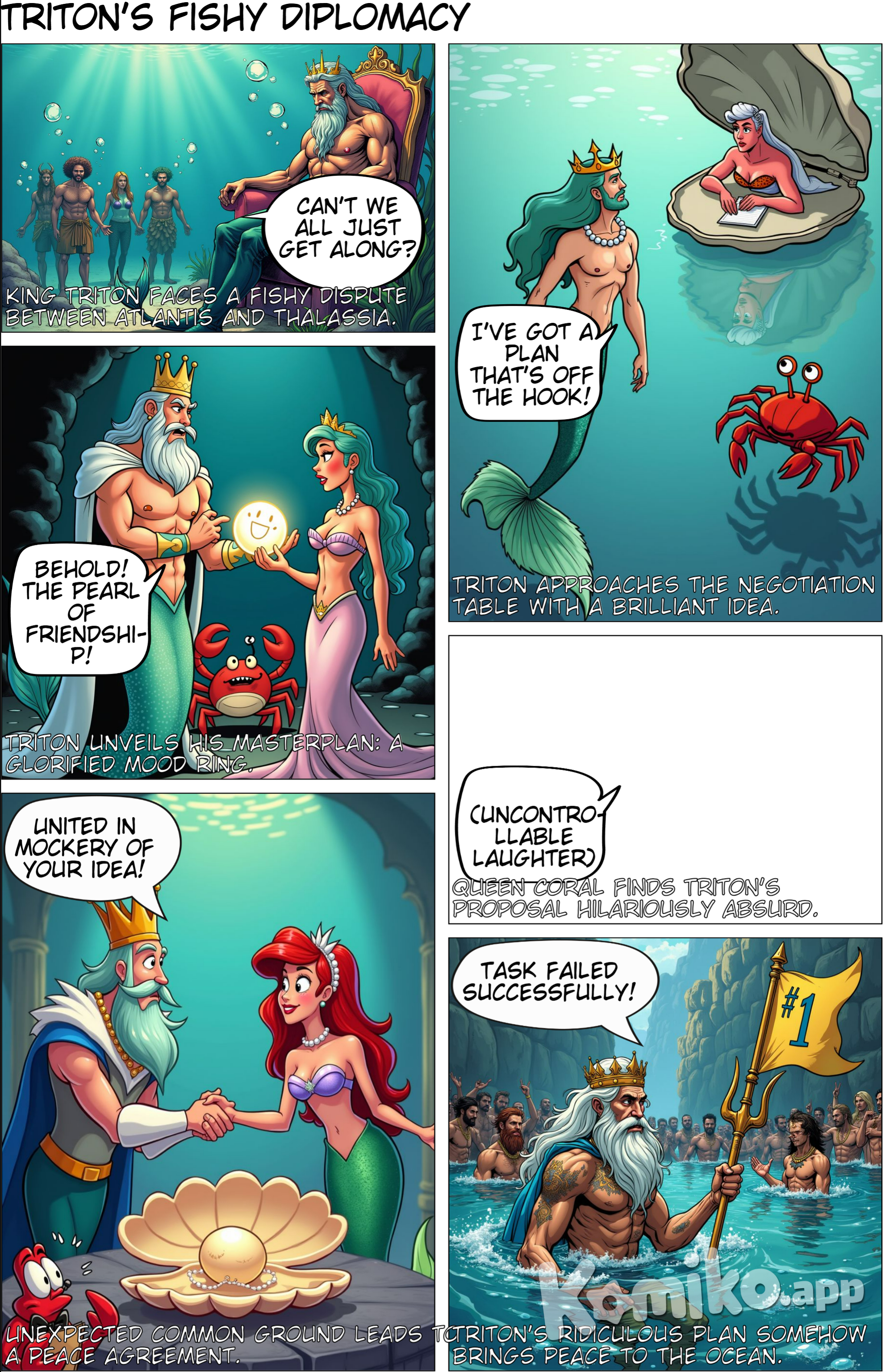 Triton's Justice    In the depths of the ocean, two mighty kingdoms, Atlantis and Thalassia, find themselves on the brink of conflict over a border trade dispute. King Triton of Atlantis, known for his wisdom and strategic brilliance, steps forward to mediate peace. As tensions rise, the Atlantean ruler must devise a solution that not only prevents war but also strengthens the bonds between the two kingdoms.    With his vision of unity and prosperity, Triton proposes a bold strategy, leveraging the unique resources of Atlantis to create a mutually beneficial agreement. Through calm negotiation and clever diplomacy, he transforms skepticism into trust, securing a historic alliance that will ensure peace across the seas.    This is a story of leadership, strategy, and the power of collaboration, showcasing how even the greatest disputes can be resolved through understanding and shared purpose.