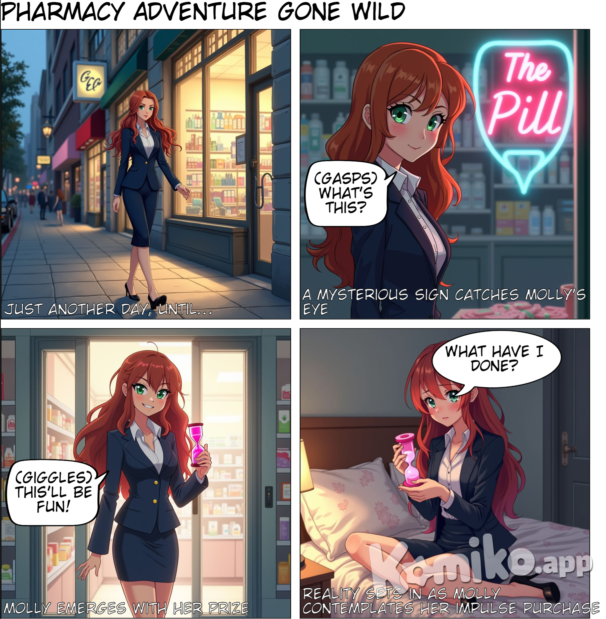 PANEL 1: a girl walk past a pharmacy on her way home from work. PANEL 2: she sees a sign in the window for something called the pill. PANEL 3: she walks out of the pharmacy with an hourglass shaped pink bottle, with a devious grin on her face. PANEL 4: She's sitting on her bed, looking down at the bottle.