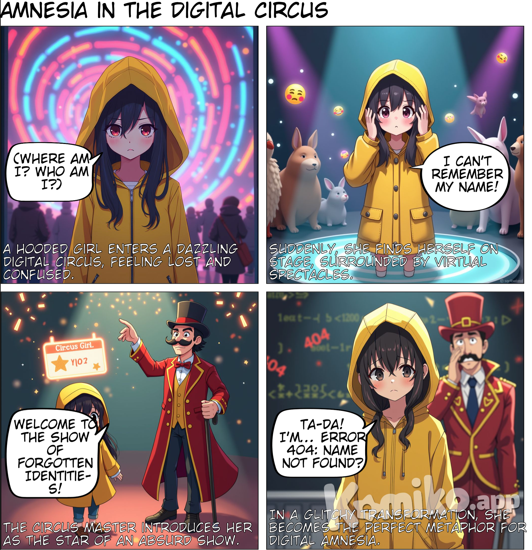 A girl in a raincoat with hood on and bangs covering her eyes enters a colorful digital circus but she can't remember her name. She appears on stage surrounded by bright colors