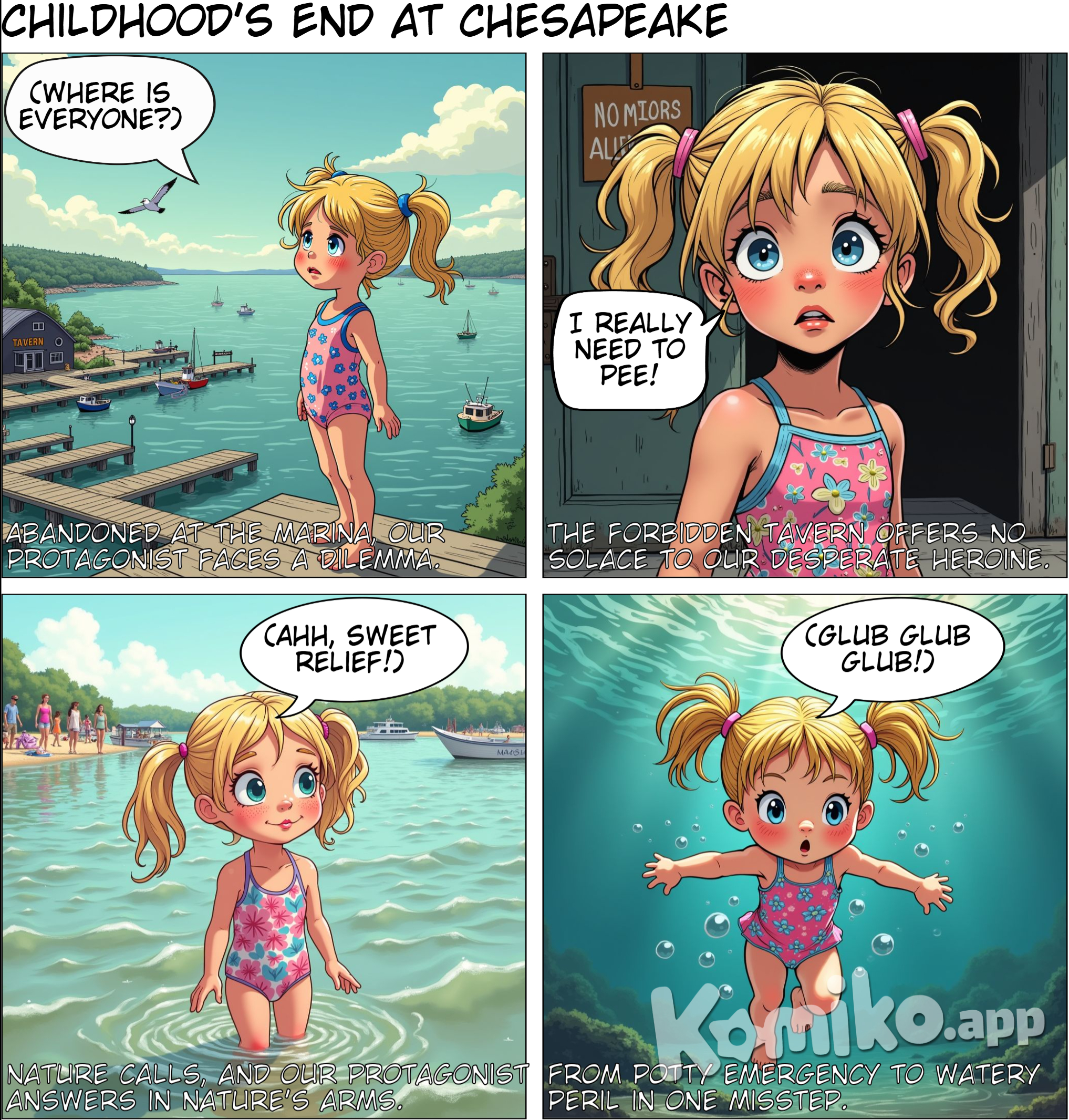 The Chesapeake stretched out wide in front of a dark little tavern on Town Creek. A maze of docks and piers lay behind it, with small boats moored in private slips bobbing up and down with the gentle waves of the cove. All around there was the call of seabirds and clatter of people readying with ropes, nets, and fishing poles as they readied for a day out on the bay. In the earliest summer I remember, we spent most weekends camping in the car near the marina. Those days blend into each other, filled with the same sights, sounds and scents of this little slice of the Maryland shoreline. When my father pulled the car up along the seawall to park it stayed put until it was time to go home again. My parents then went about setting up everything for our stay right away. It was a buzz of quick activity and we big girls were expected to help Mom set blankets and pillows into a makeshift bed. We sat next to our new baby sister so she didn’t roll off the seat while mom made a little cot for her in the floorboard.. Dad did all the heavy stuff, setting up lawn chairs and pulling the styrofoam cooler, bushel basket and crab nets out of the trunk. putting it all in a shady spot so he could setup his gear. Sometimes he fished with a long, long blue fishing rod and shiny whirring reel, pulling bluefish and skate out of the water with groaning effort and great happy shouts. One this particular day, he was only after blue crabs. He tied long lengths of rope with chicken legs on the end. When he had all he planned to set out, he took the bushel, nets and chicken lines out onto the pier and fixed the other end of each rope to its own pylon. He tossed the chicken in the water, watching it sink into the darkness. He then left everything in his special spot and walked across the road to the air conditioned tavern to wait for the crabs to bite. When he came back out, squinting in the sunlight, he would slowly pull in each crab line, trying not to disturb any crabs that might be quietly eating on the other end. My mother would take the crab net – a metal cage on the end of a long pole – and lower it into the water, sneaking up behind the feasting crab until she had it centered and then quickly brought the net, the crab, and the chicken leg up out of the water into a waiting backet. My oldest sister and I often fished with our little rods and reels and a cup full of earthworms off the end of the dock or along the sea wall, rarely catching anything. Sometimes our mother would take us to swim on the little beach further down. When I was bored with all of that, I had kindergarten workbooks to keep me busy. But, I mostly watched the people around us coming and going, curious about what they were doing and daydreaming about who they were. My sister and I were only allowed inside the bar if we had to go to the bathroom. We had to go with our mom or our dad, or at least have them stand and watch as we crossed over the street and went inside. They were watching when we came out again. Otherwise, we stayed outside or in the car the entire weekend, night and day. One afternoon, I woke from a nap in the car and found myself alone. The windows were down and a rising breeze was blowing itself into the bay. “Mommy?”, I asked outside the car, but there was no answer, so I got out and looked around. I didn’t see anyone I knew. Walking out to my father’s special spot on the pier, I noticed there were no so many people as before. Those that were out seemed to be packing up to leave. But my father wasn’t here, nor my mother or sisters. I was a little angry and nervous. I didn’t know what was going on, but I woke up for a reason and I needed a grown up. I had to pee. I looked across it at the tavern to see if my parents might come out, but the door stayed shut. I didn't know what to do. I couldn't go pee outside… in front of strangers. I couldn't cross the road by myself. I wasn’t allowed to talk to strangers. I realized that I was still wearing my bathing suit. I could go in the water without crossing the road, so I walked down to the little beach at the end of the seawall and waded into the water. It was cold, mucky and rocky all at the same time, but I needed to get in far enough, and the shallow water reached far out away from the shoreline. I waded in up to my belly and let go in relief. Where the water came in from the culvert the ground drops several feet at once. It rushed into the bay in swirls and peaks and poured over my eyes as my feet reached out for the way back and found nothing there.