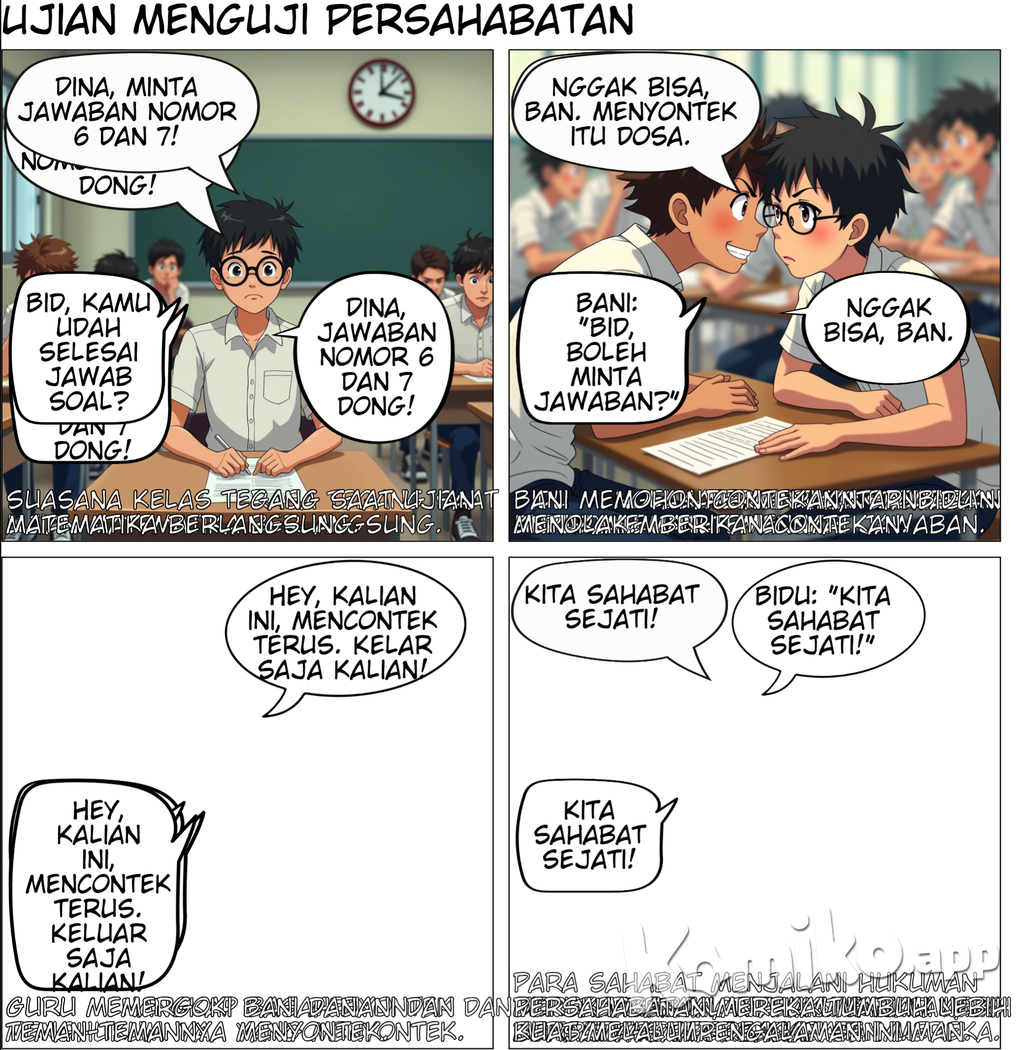 Ruangan kelas terasa sangat dingin dan tegang, karena bertepatan dengan momen ujian semester sekolah. Andi dan Bani duduk sebangku, kemudian ada Siti dan Dina duduk sebangku di depannya, sedangkan Bidu duduk sendiri di samping Bani. Saat itu, matematika adalah mata pelajaran yang sedang diujikan. Semua murid pun tampak kebingungan dan kewalahan saat melihat soalnya. Sehingga, terjadilah percakapan antara para sekawan, Andi, Bani, Bidu, Siti dan Dina. Bani: "Dina, aku mau minta jawaban dari soal nomor 6 dan 7 dong!" Dina: "B dan D" Siti: Kalau nomor 11, 12, dan 13 jawabannya apa Ban?" Bani: "11 A, 12 D, nomor 13 aku belum nih" Andi: "Husssttt... jangan kenceng-kenceng nanti guru dengar lho" Siti: "Soalnya susah sekali, masih banyak yang belum aku kerjakan nih" Kemudian mereka berempat pun memutuskan untuk saling contek menyontek. Namun, tidak dengan di Bidu. Bidu malah terlihat tenang dan mengerjakan soal ujiannya sendiri tanpa bergabung untuk menyontek. Bani: "Bid, kamu udah selesai jawab soal?" Bidu: "Belum, masih 2 soal lagi" Bani: "Aku mau minta jawaban nomor 16 sampai 20 Bid!" Bidu: "Nggak bisa, Ban" Bani: "Lah kenapa? Kita kan sahabat, harus kerja sama" Dina: "Iya Bidu, kita harus kerja sama" Andi: "Iya, kamu kan paling pintar di sini Bid" Bidu: "Tapi bukan kerja sama yang seperti ini harusnya" Siti: "Kenapa emangnya? Cuma beberapa soal doang!" Bidu: "Menyontek atau memberi contekan itu hal buruk sama dengan soda. Aku tidak mau menyontek karena dosa, atapun memberi contekan ke kalian. Aku minta maaf ya" Siti: "Tapi saat ini mendesak Bid" Dina: "Ya Bidu, bantu kami" Bidu: "Tidak, maaf" Andi: "Ya sudah, biarkan. Uruslah urusanmu sendiri Bid dan kami akan urus urusan kami sendiri" (Marah dan kesal) Bani: "Kita lihat buku saja" Bani pun lalu mengeluarkan buku matematika dari kolong mejanya secara diam-diam. Kemudian melihat rumus dan jawabannya. Lalu, Siti menanyakan hasilnya. Siti: "Bagaimana Ban, ada tidak? apa jawabannya? Bani: "Ada. kalian dengar ya. 16 A, 17 D, 18 B, 19 A, 20 C" Namun, suara Bani yang terdengar keras, membuat guru pun mendengarnya. Seketika menghampiri mereka. Guru: "Hey, kalian ini, mencontek terus. Kelar saja kalian!" Mereka berempat pun keluar dari kelas dan dihukum di lapangan untuk menghormati tiang bendera. Bani: "Aku tidak menyangka akan dihukum seperti ini" Siti: "Seharusnya kita belajar ya" Andi & Dina: "Iya benar!" Tiba-tiba Bidu keluar kelas dan menghampiri mereka. Kemudian ia ikut berdiri hormat sama seperti yang lain. Dina: "Kenapa Bid? Kamu dihukum juga?" Bidu: "Tidak, aku ingin menjalani hukuman kalian juga. Kita kan sahabat? Aku ingin kita bersama" Siti: "Aku berharap ini jadi pelajaran untuk kita semua ya" Dina: "Dan tidak boleh diulang lagi" Andi: "Kita sahabat sejati!" Lalu, mereka pun menjalani hukuman dengan tawa dan senyum. Persahabatan akan mengalahkan segala keburukan dan membuat kita tidak akan mengulangi hal buruk lagi.