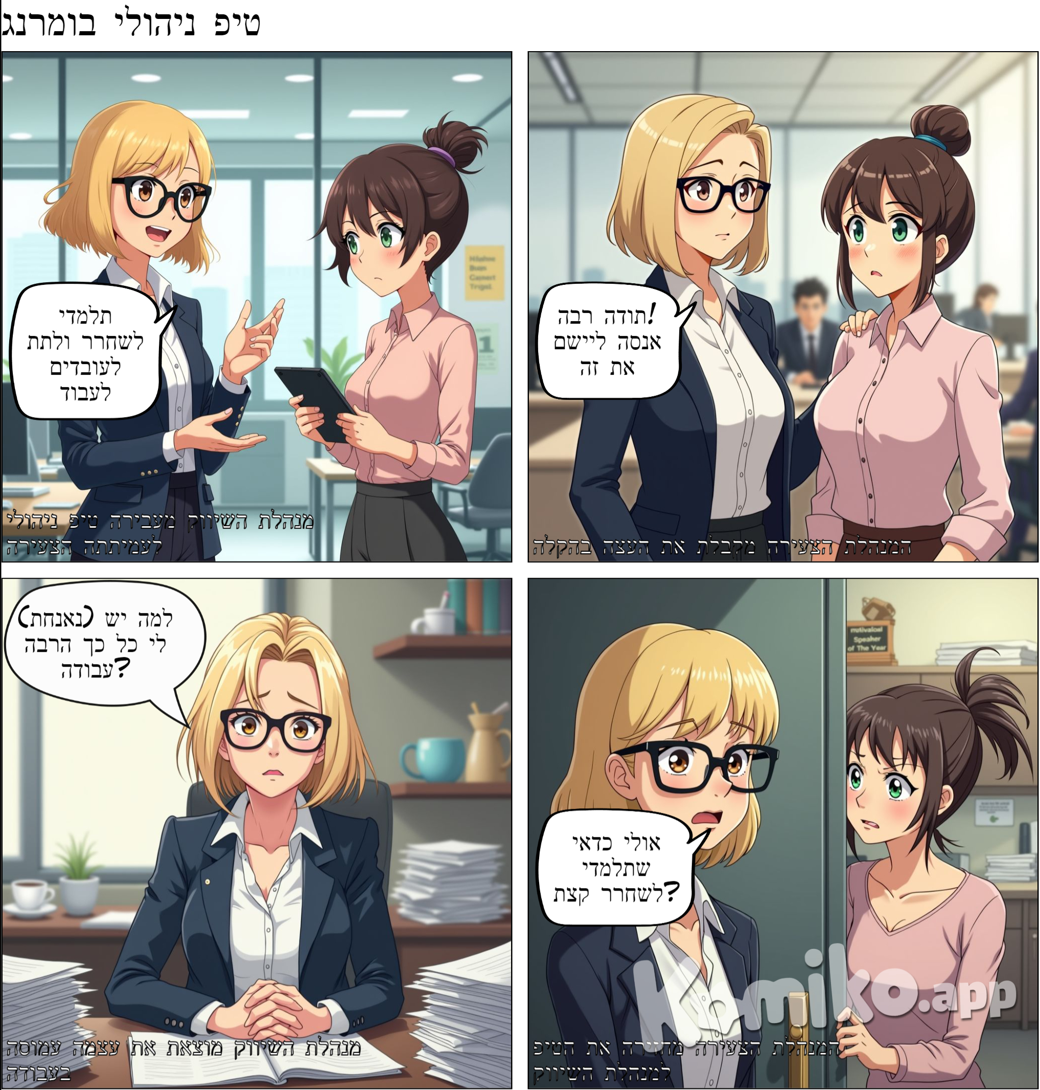 למוד לשחרר ולתת לעובדים לעשות את העבודה שלהם כדי שהיא תוכל להתפנות להיות מנהלת טובה יותרמנהלת שיווק בת 45 בלונדינית, עם משקפי ראייה, לבושה בסטייל, עיניים חומות נותנת טיפ ניהולית למנהלת צעירה שלה איך ל