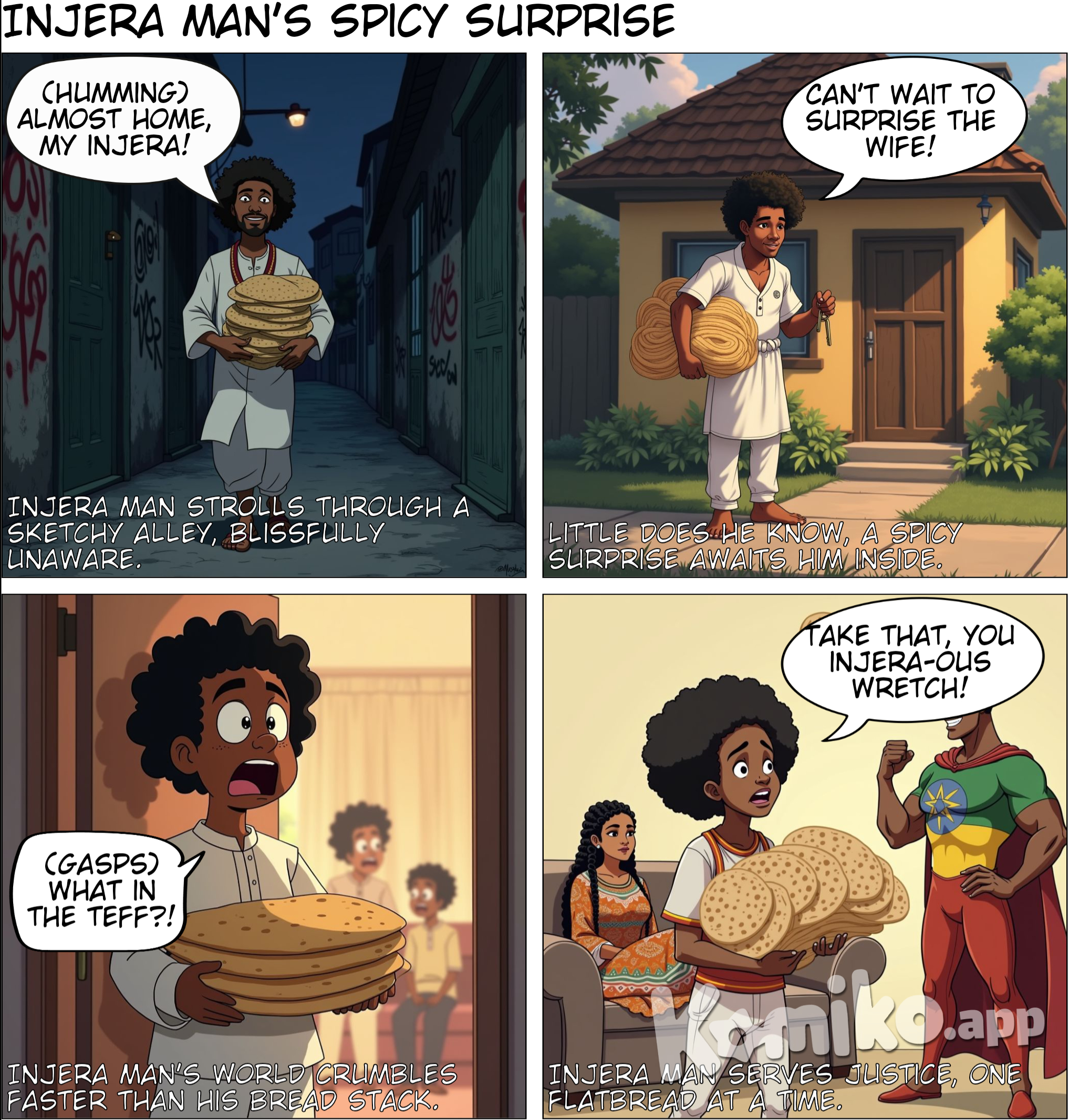 Injera man was waking in a dark alley going to his home holding injera but when he entered his home he found his wife cheating with captain Ethiopia 