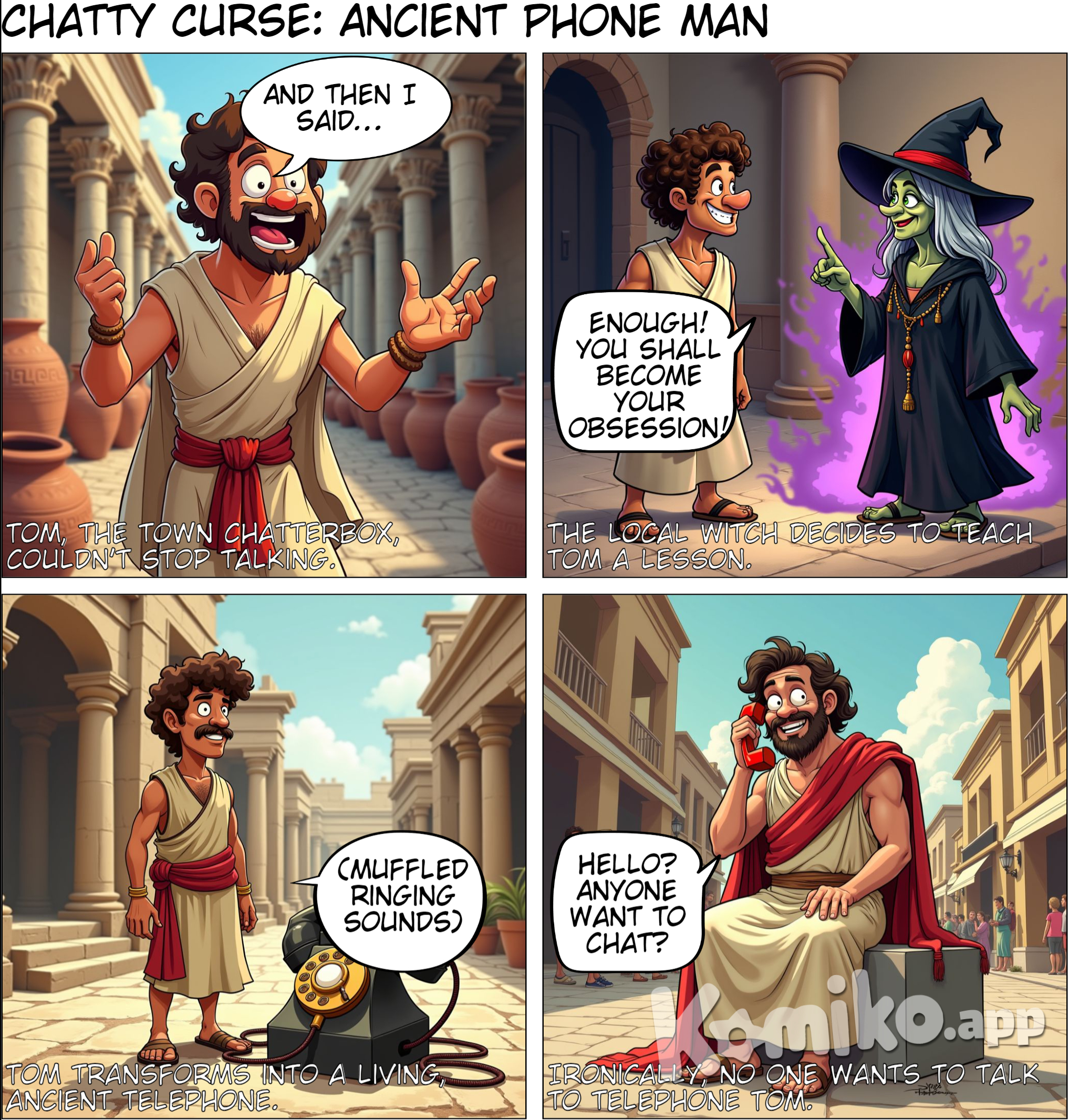 In ancient time a guy who got turn in to a telephone for 24 hours by a which because he like to talk to others too much