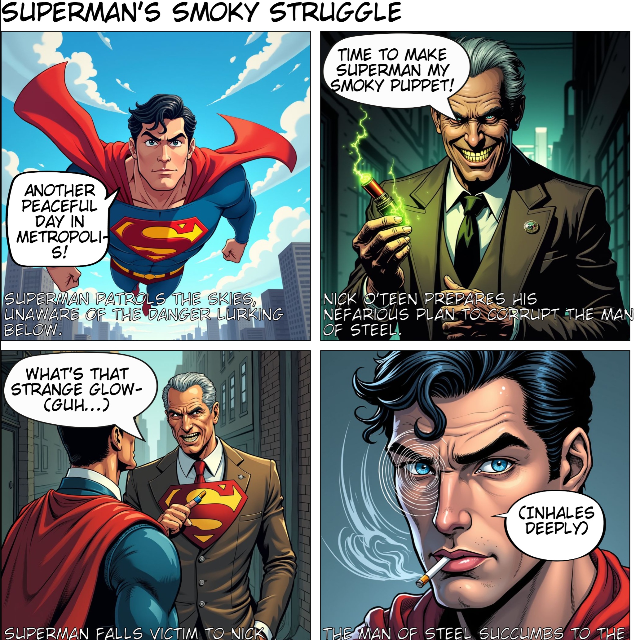 Superman is forcibly hypnotized into an evil smoker by Nick O'Teen, who wants to use the Man of Steel's new heat vision to create new smokers.