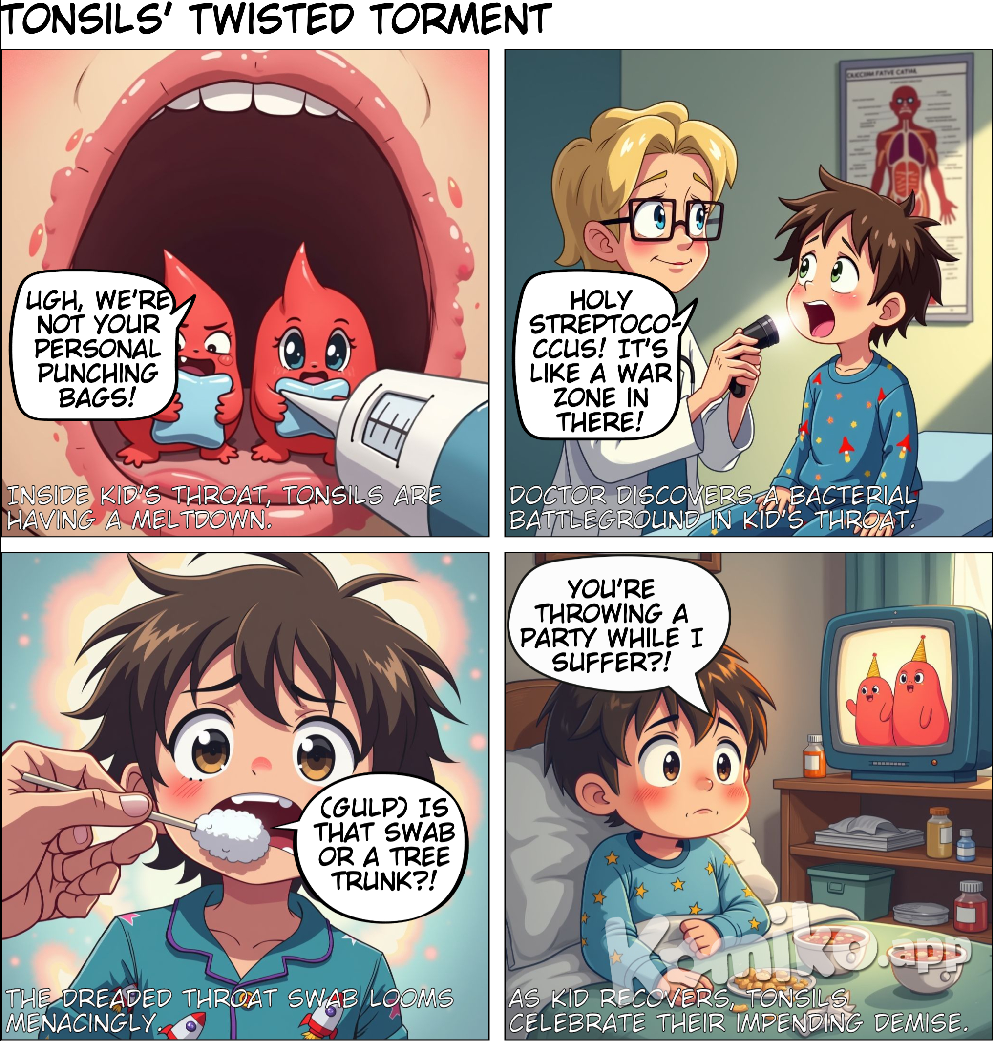 Panel 1: "The Sore Throat Mystery" Background: Tonsils (two small, sad characters inside the throat) are red, swollen, and holding ice packs. Kid (a young character with a thermometer and looking uncomfortable) is standing nearby, holding their throat. Dialogue: Tonsils: "Ouch! We’re so sore and swollen… this feels like strep throat!" Kid: "My throat hurts so much, and I feel really tired… I wonder if it’s just a cold?" Panel 2: "Spotting the Signs" Background: Doctor (friendly and smiling) examines Kid's throat with a small light and sees the red, swollen Tonsils with white spots. Dialogue: Doctor: "Let’s take a look. Strep throat can make your tonsils red, swollen, and even cause white patches. Do you also have a fever or a headache?" Kid: "Yeah! And I don’t have a cough like I usually do with a cold." Panel 3: "The Diagnosis Test" Background: Kid is in the doctor’s office, getting a throat swab while the Doctor explains. Dialogue: Doctor: "We’ll do a quick swab to check for the strep bacteria. If it’s positive, we’ll know it’s strep throat." Kid: "Will it hurt?" Doctor: "Just a little tickle! And it’s fast!" Panel 4: "The Path to Feeling Better" Background: Kid is at home with their medicine, a cozy blanket, and a glass of water. Tonsils are smiling and look much happier, with a few ice packs nearby. Dialogue: Doctor (voiceover): "If the test is positive, antibiotics will help fight the infection. Rest, drink lots of water, and you’ll be back to normal in no time!" Kid: "Got it! Time to rest up and feel better soon!"