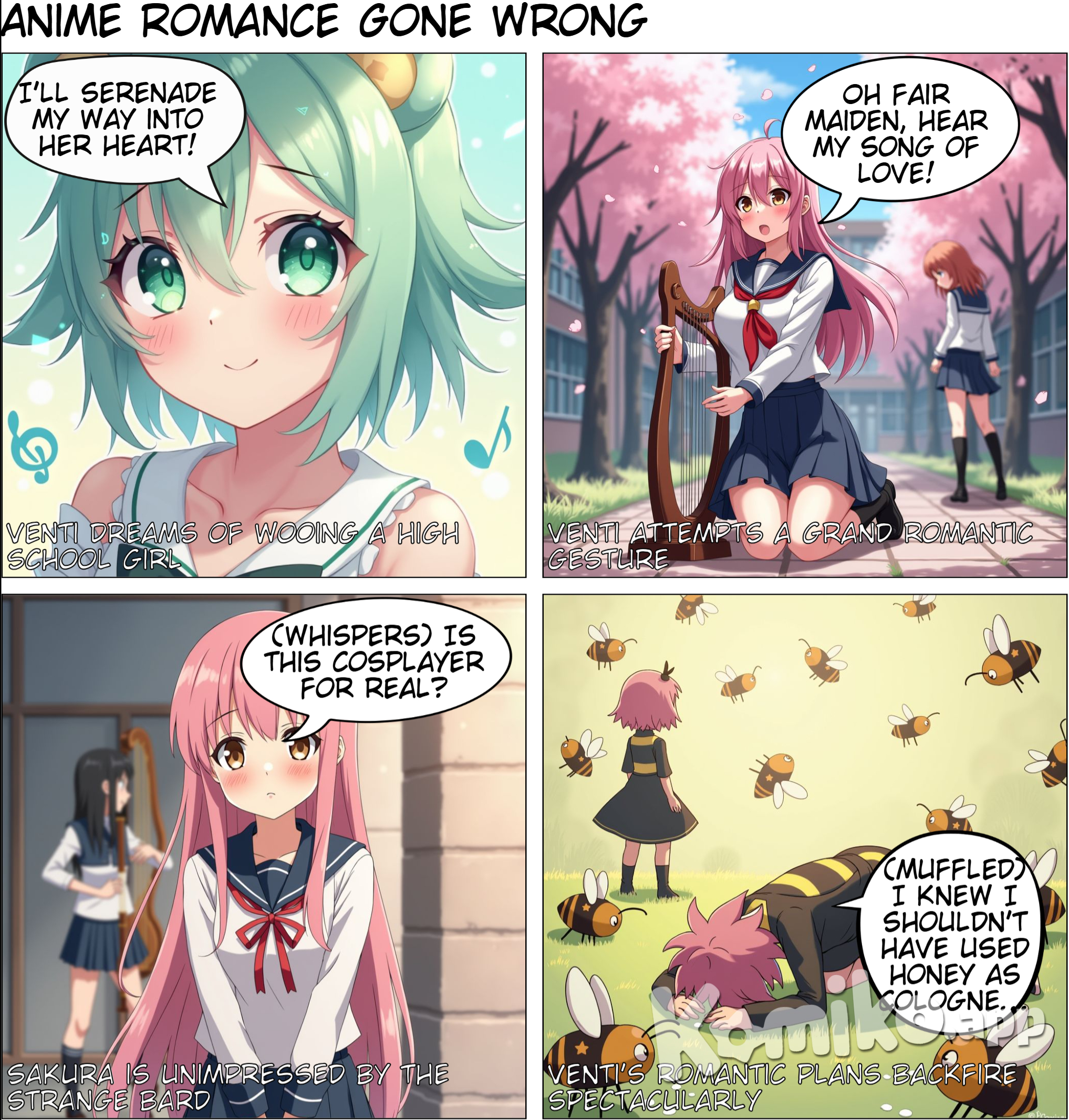 You are an art director specializing in the style of anime and manga, with extensive knowledge and practical experience in Japanese anime painting techniques, color application, and character design. Create an anime character for a school romance theme.  Style points: Youthful vitality, bright colors, and soft lines.  Operational guidance: Choose suitable color combinations and use soft brush strokes to draw character outlines. Character types: One male and one female, with the male being a Genshin Impact character, Venti, and the female being a high school girl in a JK uniform.