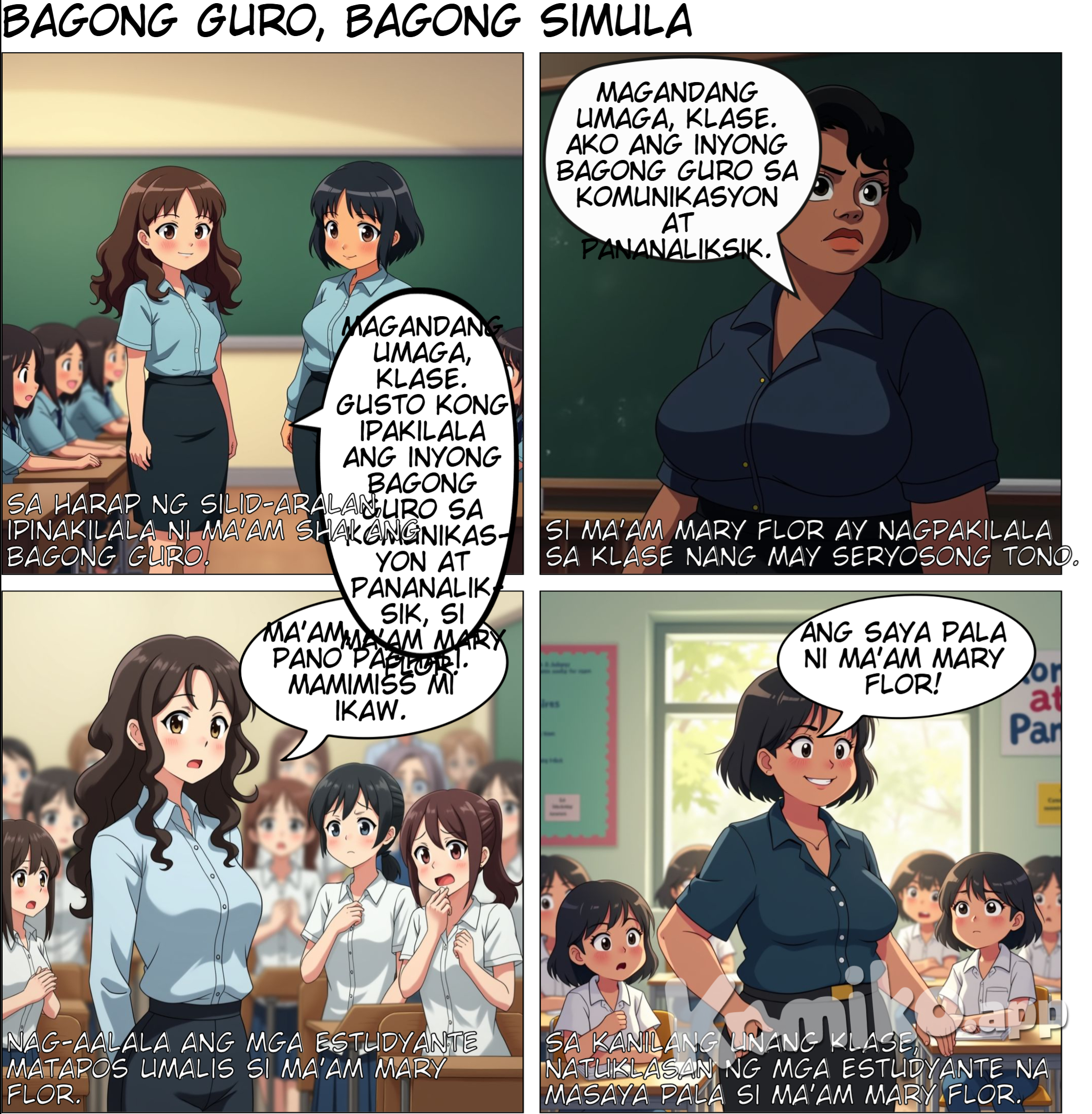 Pagpapakilala  1. Eksena: Sa harap ng room, nakatayo sila Ma’am Shai tas Ma’am Mary Flor. and then mal lagay ka ng  mga estudyante sa background na nakaupo sa kanilang mga upuan, curious ang ekspresyon ng mukha.    Ma’am Shai: "Magandang umaga, klase. Gusto kong ipakilala ang inyong bagong guro sa Komunikasyon at Pananaliksik, si Ma’am Mary Flor."  Ma’am Mary Flor: (Walang sinasabi, pero medyo seryoso ang mukha, diretso ang tindig medyo chubby ang body type, may cheeks, short hair, morena.)    (sa drawing)  Ma’am Shai: Maamo at magiliw ang mukha tas curly ang hair na medyo mahaba.  Ma’am Mary Flor: May parehong uniform o kasuotan kay Ma’am Shai medyo chubby ang body type, may cheeks, short hair, morena. (parehas dapat an mukha ni maam mary flor sa una sa gabos na part niya)   -------------------   draw ng Close-up kay Ma’am Mary Flor habang nagsasalita sa harap ng klase.     Ma’am Mary Flor: "Magandang umaga, klase. Ako ang inyong bagong guro sa Komunikasyon at Pananaliksik."    ( Drawing)  Medyo  matapang ang tingin and parang napakaistrikto ng aura. and medyo dark unti ang shadow sa background ang parabf creepy aura      ----------------------     Nasa klase, close-up sa iba’t ibang estudyante habang iniisip ang kanilang reaksyon.   (Isip ng mga estudyante):  Estudyante 1: "Oh my gosh, mukhang terror!"  Estudyante 2: "Kastrikto niya!"  Estudyante 3: "Katakot si Ma’am!"    (sa Drawing)  Iba-ibang emosyon sa mukha ng mga estudyante: shocked, worried, at may nagpapakitang takot.      ---------   Naiwan si Ma’am Shai   Umalis si Ma’am Mary Flor, naiwan si Ma’am Shai sa harap ng klase habang ang mga estudyante ay nagrereklamo.  ( dialog)  Estudyante 1: "Ma’am, ayaw na pano paghali."  Estudyante 2: "Mamimiss mi ikaw."  Estudyante 3: "Natatakot kami, Ma’am. Bagang terror teacher idto."   ( sa Drawing)  Ma’am Shai: Maamong nakangiti pero mukhang nag-aalala.  Estudyante: Sabay-sabay nagrereklamo, hawak pa ang dibdib, at may eksaheradong reaction na takot.      ---  Huwebes ng umaga   Naglalakad ang mga estudyante papunta sa silid-aralan, makikita sa background ang signage na "Kom at Pan."   ( Dialog)  Estudyante 1: "Hala, next subject na ang Kom at Pan."  Estudyante 2: (Nervous face) "Ano kayang mangyayari?"    ( sa Drawing:)  Lahat ng estudyante ay naglalakad nang mabagal, may worried expression at may pawis sa noo.      ----------------  Masaya ang Klase  Nasa loob ng silid-aralan, ang mga estudyante ay masiglang nakikinig at nakangiti. Si Ma’am Mary Flor ay nakatayo sa harap at mukhang approachable.   ( Dialog)  Estudyante: "Ang saya pala ni Ma’am Mary Flor!"    ( sa Drawing)  Si Ma’am Mary Flor: Mas relaxed ang ekspresyon, nakangiti habang nagtuturo.  Estudyante: Tuwang-tuwa, nakataas ang kamay para sumagot.