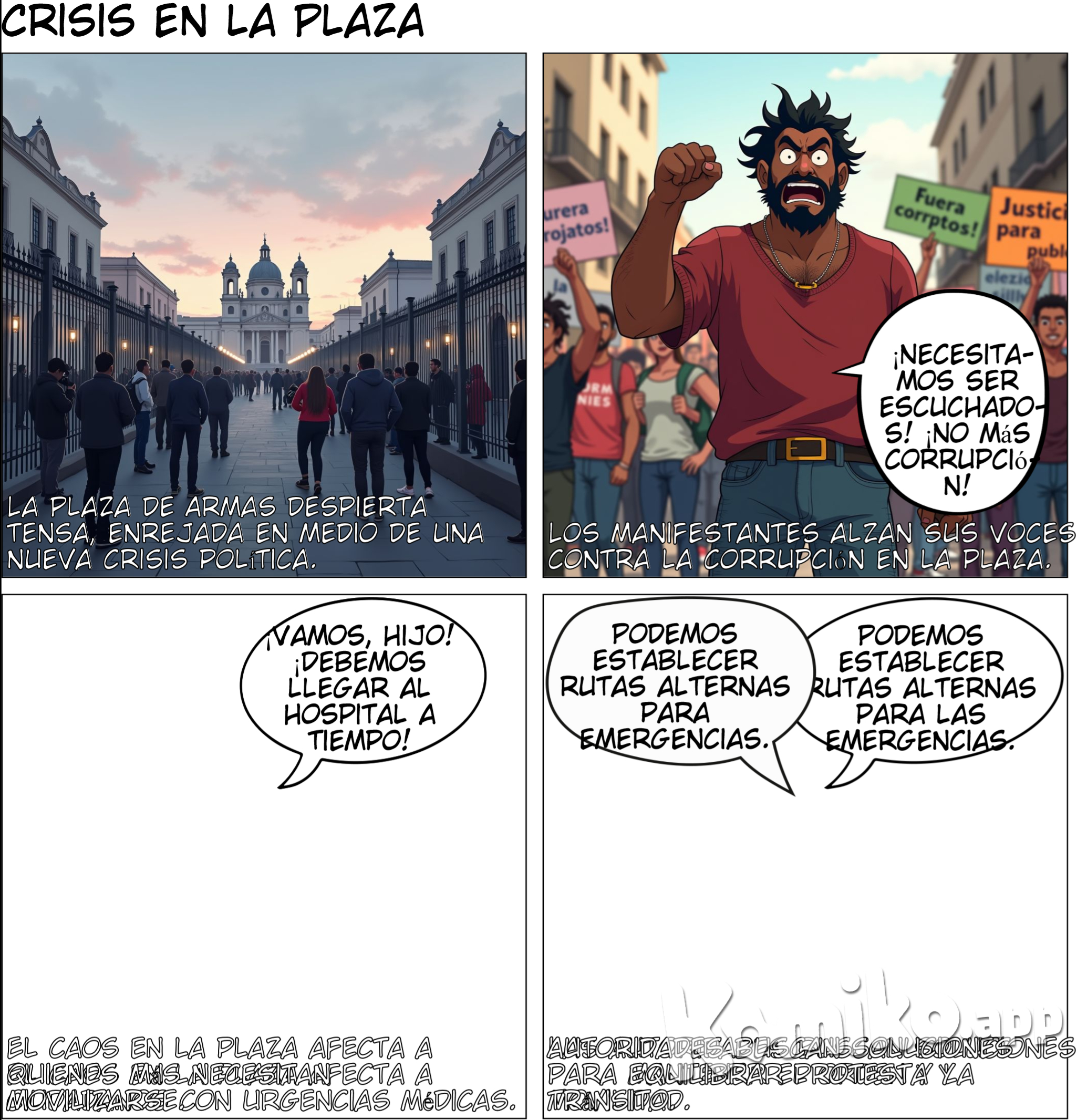 hazme una historieta con 15 viñetas en español, Historieta: "Crisis en la Plaza de Armas" Lámina 1: Introducción a la Crisis  Descripción: La Plaza de Armas de Lima al amanecer, con un cielo gris y la plaza enrejada. Un grupo de periodistas está configurando cámaras.  Texto: "La Plaza de Armas de Lima despierta en un clima tenso, enrejada en medio de una nueva crisis política." Lámina 2: Protestas en la Plaza  Descripción: Un grupo de manifestantes en la plaza, levantando pancartas que dicen "¡Fuera corruptos!" y "¡Justicia para el pueblo!"  Diálogo de un manifestante: "¡Necesitamos ser escuchados! ¡No más corrupción!" Lámina 3: Impacto en el Tránsito  Descripción: Una vista aérea de la plaza con vehículos bloqueados, conductores frustrados y personas en la calle.  Texto: "Los bloqueos de las protestas paralizan el tráfico en el corazón de la ciudad." Lámina 4: Un Padre en Apuros  Descripción: Un padre en su auto, con su hijo pequeño en el asiento trasero. Se ve preocupado mirando el reloj.  Diálogo del padre: "¡Vamos, hijo! ¡Debemos llegar al hospital a tiempo!" Lámina 5: Conversación entre Conductores  Descripción: Dos conductores conversando, uno en un coche y otro en una moto, ambos con expresiones de frustración.  Diálogo de un conductor: "¿Qué vamos a hacer? No puedo quedarme atrapado aquí todo el día." Lámina 6: Reacción de las Autoridades  Descripción: Un oficial de policía hablando con los líderes de la protesta, con una actitud conciliadora.  Diálogo del oficial: "Necesitamos encontrar una solución que respete tanto su derecho a protestar como el derecho al libre tránsito." Lámina 7: Propuesta de Solución  Descripción: Un representante del gobierno señalando un mapa, discutiendo rutas alternativas para los vehículos.  Diálogo del representante: "Podemos establecer rutas alternas para facilitar el paso de los vehículos de emergencia." Lámina 8: Reflexión Final  Descripción: Una vista amplia de la Plaza de Armas, con personas transitando y manifestantes pacíficos.  Texto: "El derecho al libre tránsito y el derecho a protestar pueden coexistir en armonía."