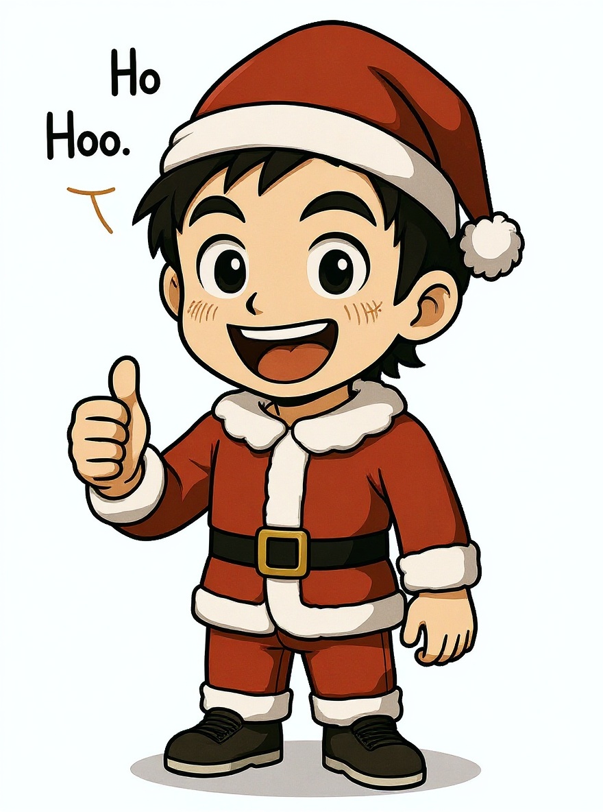 A character dressed for Christmas is saying HoHoHo.