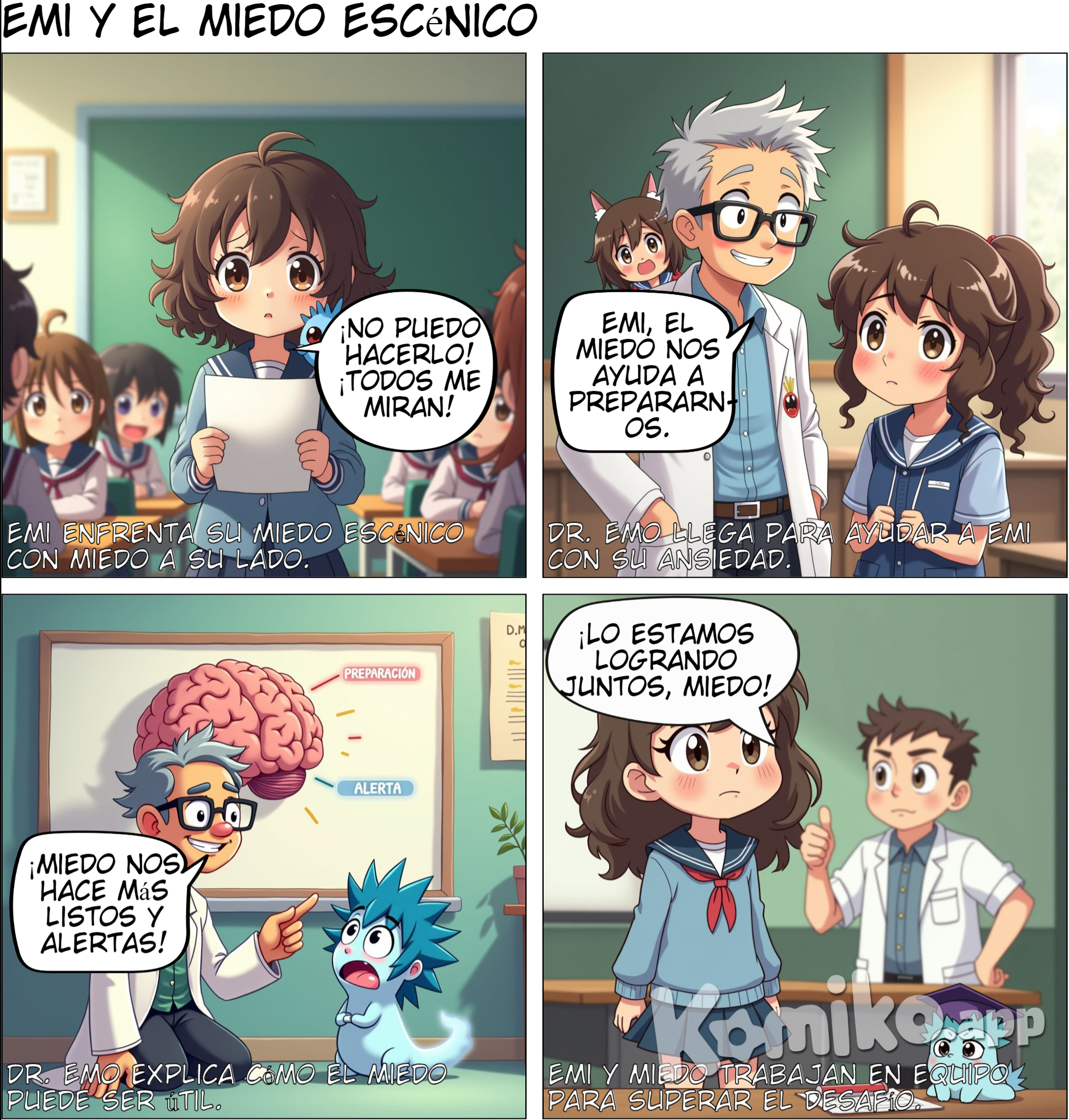 generar por favor las emociones para niños de 8 a 12 años: Escena: Emi está nerviosa por hablar en público en su clase. Personificación del Miedo: Aparece como un pequeño personaje que tiembla. Dr. Emo les enseña a enfrentarlo paso a paso, y que el miedo puede ayudarnos a prepararnos para situaciones nuevas. quiero que sigas con los mismos personajes de los primeros capiltulos