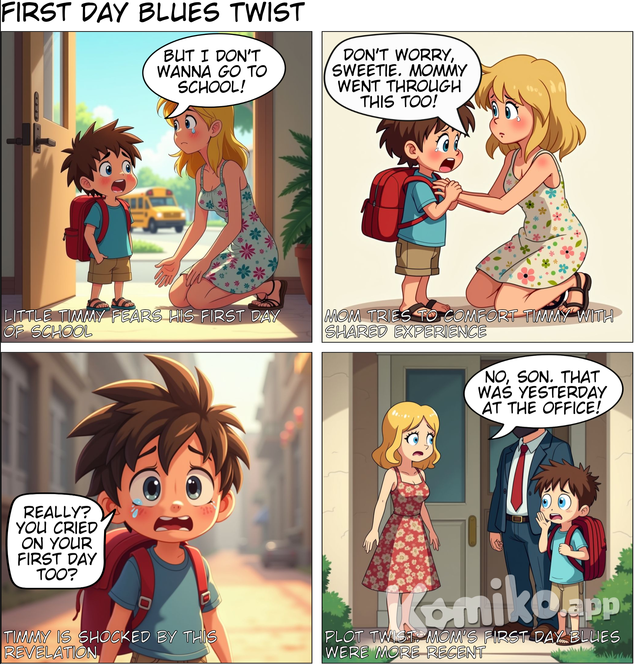 A boy is crying for his schools first day and his mother console him