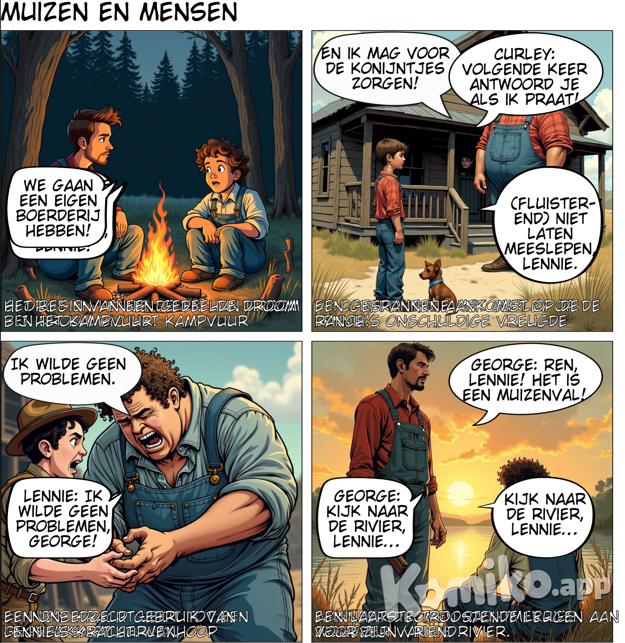 Opening bij het kampvuur Beschrijving van de scene: George en Lennie zitten in de natuur bij een kampvuur. Ze praten over hun droom om ooit een eigen boerderij te hebben. Lennie toont zijn opwinding, terwijl George zowel hoopvol als bezorgd lijkt. Captions en Dialogen: Caption 1: Het begin van een gedeelde droom. George: “We’re gonna get the jack together and we’re gonna have a little house and a couple of acres…” (Blackbirds, p. 13) Lennie: “An’ I get to tend the rabbits!” (Blackbirds, p. 14) Bronvermelding: Voeg in een klein tekstvak onder het paneel of de pagina toe: (Blackbirds, p. 13-14) 2. Aankomst op de ranch Beschrijving van de scene: George en Lennie arriveren op de ranch en ontmoeten Curley, de agressieve zoon van de baas. Curley daagt Lennie uit, terwijl George zich beschermend opstelt. Captions en Dialogen: Caption 1: Een ongemakkelijke ontmoeting op de ranch. Curley: “Well, nex’ time you answer when you’re spoke to.” (Blackbirds, p. 24) George (tegen Lennie, fluisterend): “Don’t let him pull you in, Lennie.” (Blackbirds, p. 24) Bronvermelding: (Blackbirds, p. 24) 3. Conflict met Curley Beschrijving van de scene: Curley valt Lennie aan in een woede-uitbarsting. Lennie reageert in paniek, maar zijn kracht wint het van Curley. George spoort Lennie aan om zichzelf te verdedigen, en Lennie breekt per ongeluk Curley’s hand. Captions en Dialogen: Caption 1: Een gevecht dat uit de hand loopt. George (schreeuwt naar Lennie): “Get him, Lennie! Don’t let him do it!” (Blackbirds, p. 63) Lennie (nadenkend, na de vechtpartij): “I didn’t want no trouble.” (Blackbirds, p. 63) Bronvermelding: (Blackbirds, p. 63) 4. Lennie en Curley’s vrouw in de schuur Beschrijving van de scene: In de schuur komt Curley’s vrouw naar Lennie toe. Ze praat met hem, en hij raakt gefascineerd door haar haar. Wanneer hij haar haar streelt, wordt het te ruw en eindigt tragisch. Captions en Dialogen: Caption 1: Een onschuldige aanraking verandert in een tragedie. Lennie: “I like to pet nice things.” (Blackbirds, p. 85) Curley’s vrouw: “Don’t mess it up, Lennie!” (Blackbirds, p. 85) Bronvermelding: (Blackbirds, p. 85) 5. De eindscene aan de rivier Beschrijving van de scene: George en Lennie ontmoeten elkaar voor de laatste keer bij de rivier. George vertelt Lennie opnieuw over hun droom om Lennie rustig te houden. Net voordat hij de trekker overhaalt, vraagt hij Lennie om naar de rivier te kijken en zich hun toekomstige leven voor te stellen. Captions en Dialogen: Caption 1: Een laatste troostende leugen voor zijn beste vriend. George: “Look across the river, Lennie, and I’ll tell you so you can almost see it.” (Blackbirds, p. 106) Lennie (glimlachend): “We’ll have a little place of our own… I get to tend the rabbits…” (Blackbirds, p. 106) Bronvermelding: (Blackbirds, p. 106) Strip Layout en Extra Tips Sceneverdeling: Gebruik per scene één pagina of vier tot zes panelen. In elk paneel kun je de emotie laten zien door de gezichtsuitdrukkingen en lichaamstaal van George en Lennie. Emotie en Symboliek: Gebruik bijvoorbeeld warme kleuren voor de scènes waar Lennie zich gelukkig voelt (bij het kampvuur en het praten over hun droom) en donkere tinten voor de tragische momenten (de schuur met Curley’s vrouw en de laatste scène aan de rivier). Bronvermelding: Plaats de bronvermeldingen duidelijk onderaan elk paneel met tekst. Je kunt ook aan het eind van elke pagina een overzicht geven, zoals (Bron: Blackbirds, p. xx). Met deze captions, bronvermelding, en duidelijke scenes krijg je een goed gestructureerde stripversie van Of Mice and Men, die trouw blijft aan Steinbeck’s tekst en de verhaallijn. Veel succes! Je zei: weet je zeker dat dit het boek het is, het moet zijn: Of mice and Man