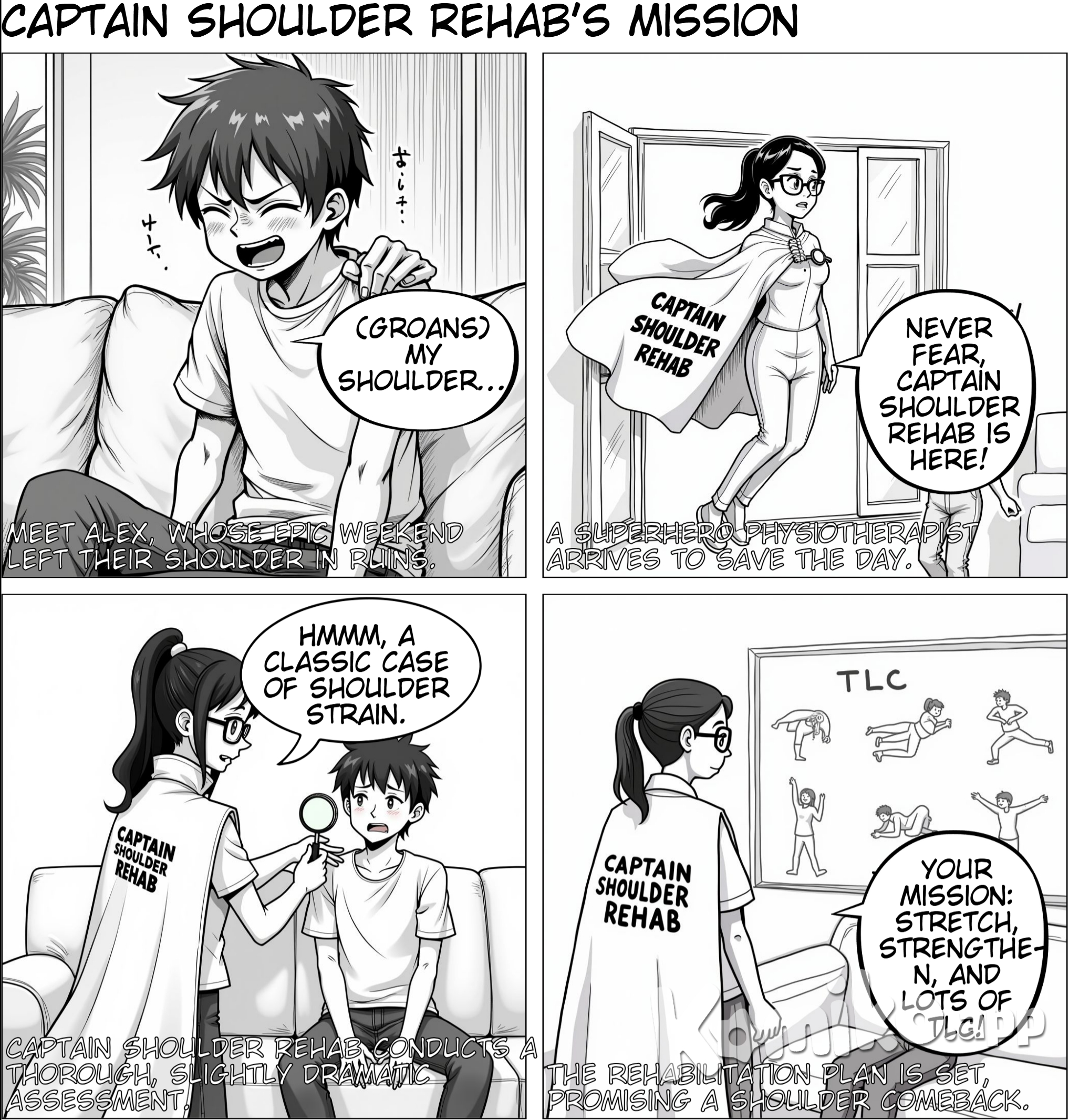 **The Adventures of lady Captain Shoulder Rehab** 🦸‍♂️💪  **[Panel 1: Introduction]** *Comic strip shows a person in pain holding their shoulder with a sad face.*  **Narrator:** "Meet Alex. After an epic weekend of adventures, Alex’s shoulder has called it quits."  **[Panel 2: Enter Captain Shoulder Rehab]** *Comic strip shows a superhero physiotherapist with a cape labeled "Captain Shoulder Rehab" flying in.*  **Captain Shoulder Rehab:** "Never fear, Captain Shoulder Rehab is here! Let's get that shoulder back in action!"  **[Panel 3: The Assessment**] *Comic strip shows Captain Shoulder Rehab examining Alex’s shoulder with a magnifying glass.*  **Narrator:** "First, Captain Shoulder Rehab conducts a thorough assessment."  **Captain Shoulder Rehab:** "Hmmm, a classic case of shoulder strain. We need a plan!"  **[Panel 4: The Plan**] *Comic strip shows Captain Shoulder Rehab with a whiteboard outlining a treatment plan.*  **Narrator:** "The plan includes stretching, strengthening exercises, and lots of TLC (Tender Loving Care)!"