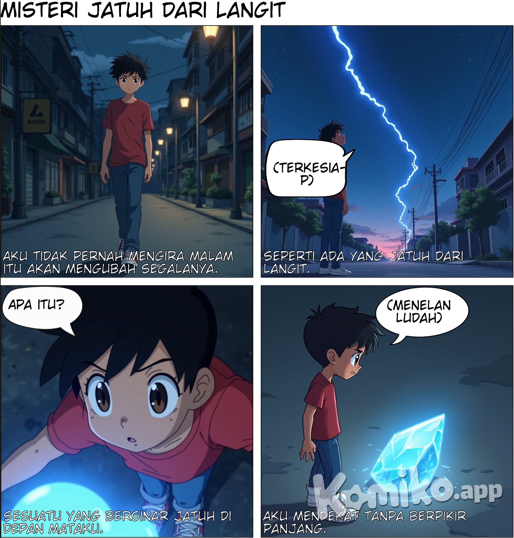 Panel 1:  Arka (remaja 17 tahun) berjalan sendirian di jalan yang sepi saat malam hari.  Narasi: "Aku tidak pernah mengira malam itu akan mengubah segalanya."   Panel 2:  Cahaya aneh muncul di langit, seolah-olah ada sesuatu yang jatuh.  Narasi: "Seperti ada yang jatuh dari langit."   Panel 3:  Arka melihat sesuatu yang bersinar jatuh di depan matanya.  Dialog Arka: "Apa itu?"   Panel 4:  Sebuah kristal berwarna biru tergeletak di tanah, berkilauan samar.  Narasi: "Aku mendekat tanpa berpikir panjang."