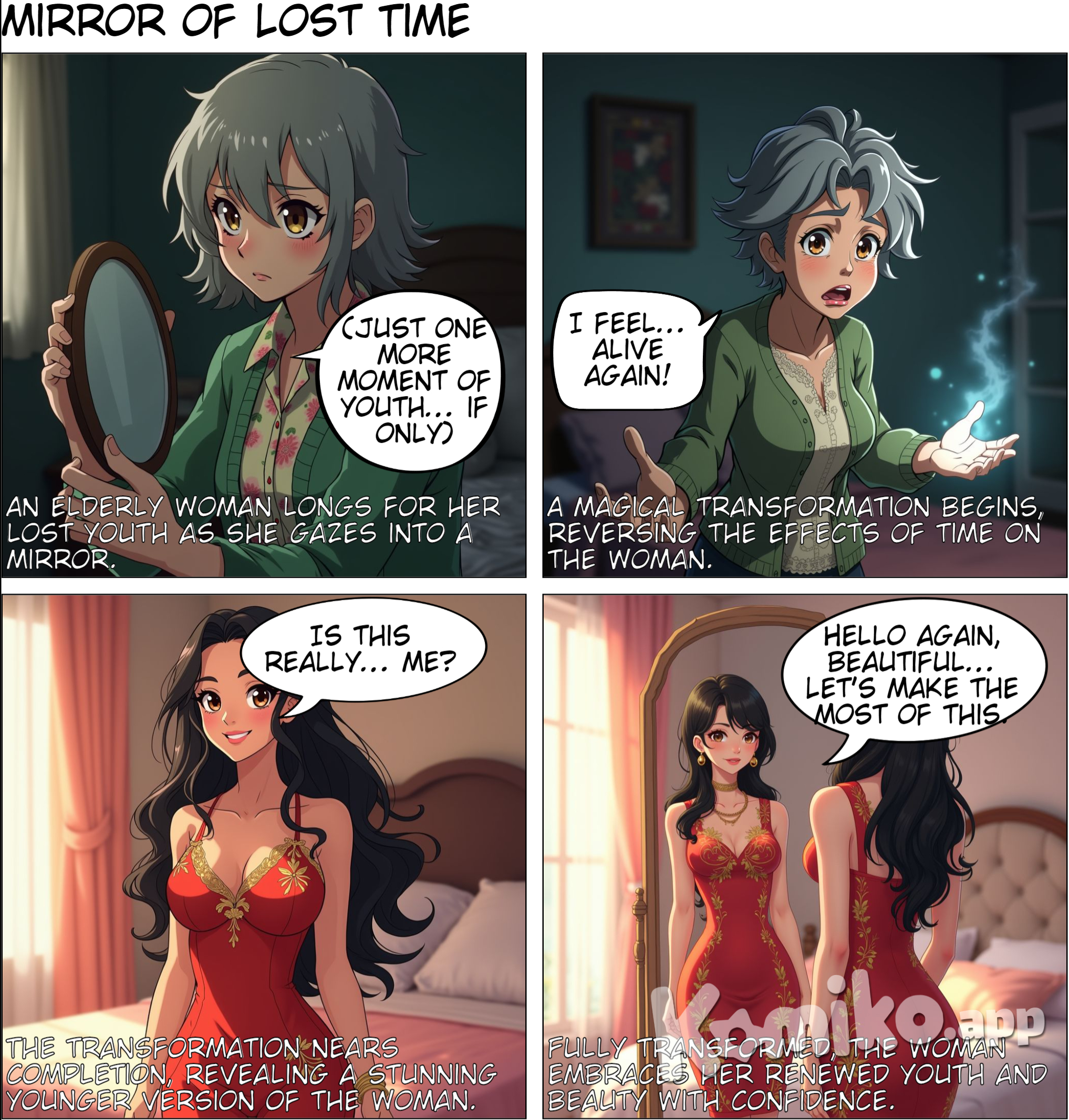 1. **Panel 1:** - **Description**: The elderly woman, with a weary expression, stares into the mirror, holding it close to her face. - **Hair**: Dull gray, thin, and frizzy, framing her face in disarray. - **Outfit**: Faded green cardigan with an outdated floral blouse underneath. - **Text (Thoughts)**: "How long has it been… since I’ve seen beauty in this face?" - **Text (Dialogue, muttering to herself)**: "Just one more moment of youth... if only." 2. **Panel 2:** - **Description**: A soft, magical glow surrounds her as she begins to transform. Her face shows surprise and curiosity as the changes start. - **Hair**: Strands of hair begin turning dark, shifting from gray to deep black with hints of luster. - **Outfit**: The cardigan shimmers, transforming into a sleek blouse in soft ivory lace. - **Text (Thoughts)**: "What… is happening? Is this… real?" - **Text (Dialogue, whispered)**: "I feel... alive again!" 3. **Panel 3:** - **Description**: She’s now mostly transformed, appearing youthful, with radiant skin and an energetic smile. - **Hair**: Long, jet-black hair, glossy and full, styled in soft waves that frame her face. - **Outfit**: The blouse has fully transformed into a stylish red dress with intricate gold embroidery around the collar and sleeves. - **Text (Thoughts)**: "I can feel it again… vitality, youth, the strength I once knew." - **Text (Dialogue, breathless)**: "Is this really… me?" 4. **Panel 4:** - **Description**: Fully transformed into a young, beautiful woman, she admires herself in the mirror, her confidence restored. - **Hair**: Shiny black hair cascading in soft waves, reaching past her shoulders. - **Outfit**: A fitted, knee-length red dress with golden floral embroidery, accentuating her figure elegantly. - **Accessories**: Elegant golden hoop earrings, a delicate chain necklace, and a sparkling ring on her right hand. - **Text (Thoughts)**: "This… this is how I used to be. It’s like a dream come true." - **Text (Dialogue, smiling confidently)**: "Hello again, beautiful… Let’s make the most of this." --- The revised details highlight her transformation, emphasizing the rich black hair and luxurious outfit to create a dramatic contrast with her initial appearance. The thoughts and dialogue capture her excitement and renewed confidence at each stage.
