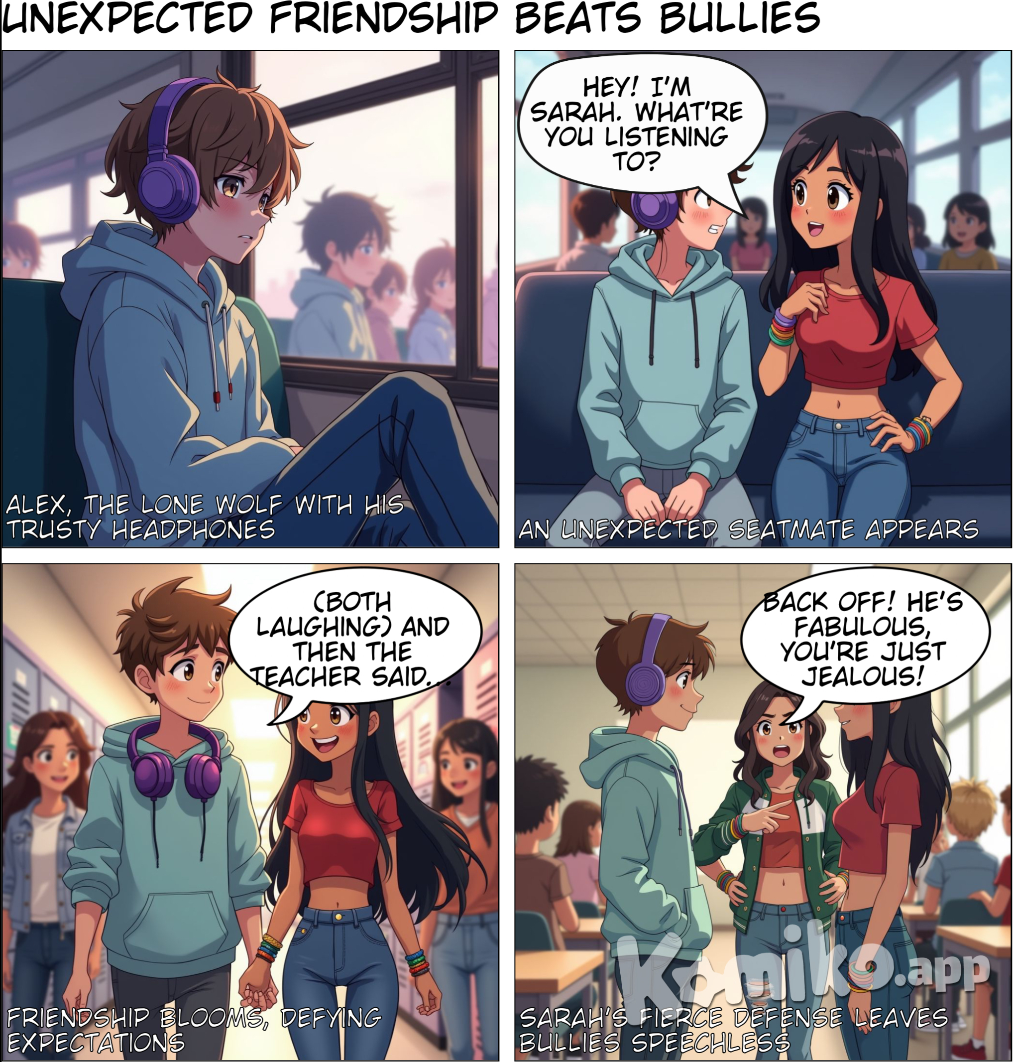 A homo teenager boy who likes to wearing headphones and sit on the window seat, one day a girl sitting next him and talks with him then they become bestie and the girl helps him to fight back to his classmates who calls him ladyboy 