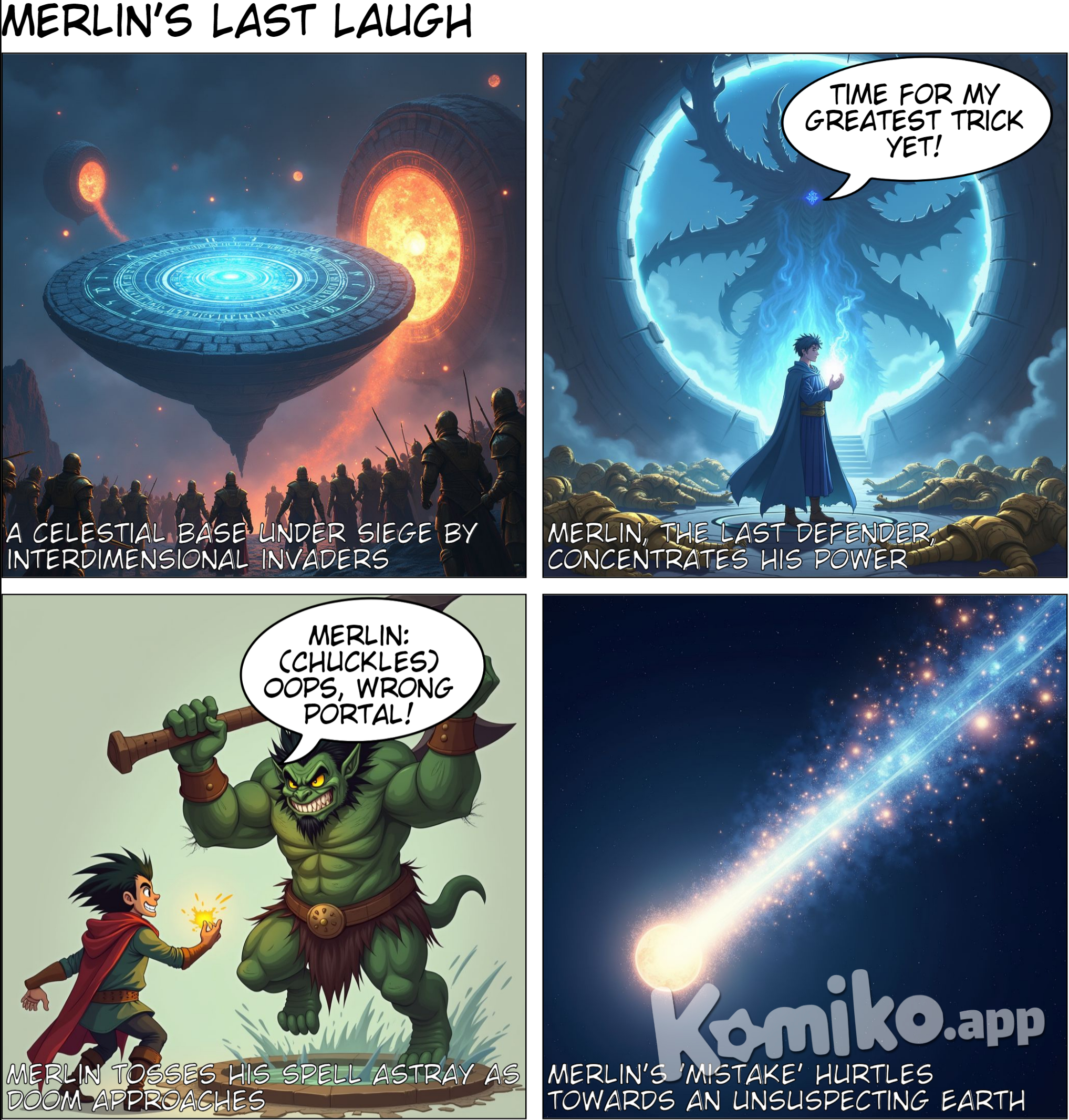 There's a circular floating base inscribed with runes floating in space. Around it are portals that are glowing and magic. However one portal has an army of fire giant's and trolls coming out. Many people in golden armor attempt to stop them but die, in the end only Merlin is left, he has brown hair, and a cream skin with blue eyes He gathers his power into a small ball of energy and he throws it into a portal then he smiles and the troll uses his axe. final image is the ball, now comet flying through space towards Earth.