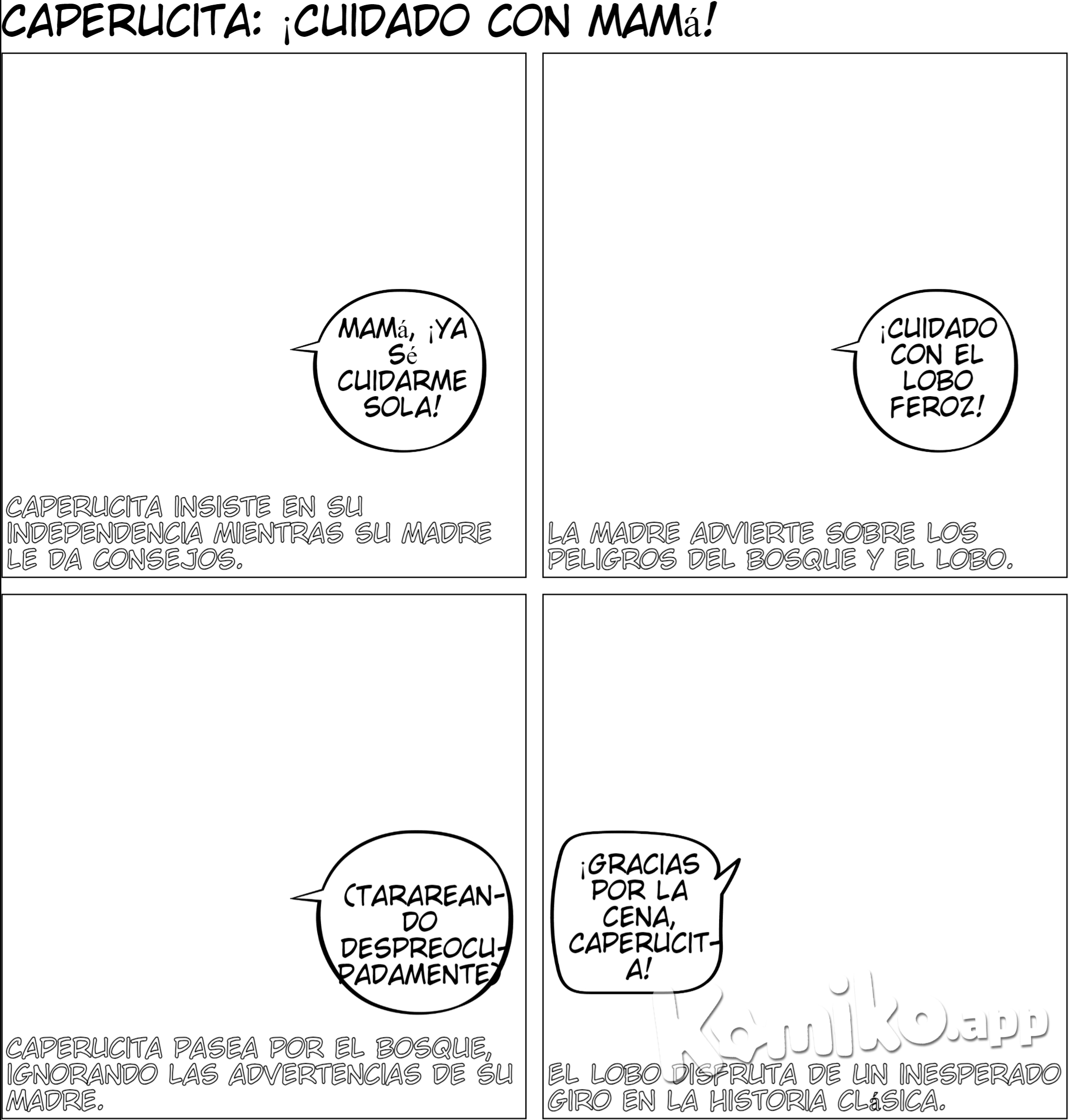 Caperucita habla con su madre, quien le recuerda que debe tener cuidado.