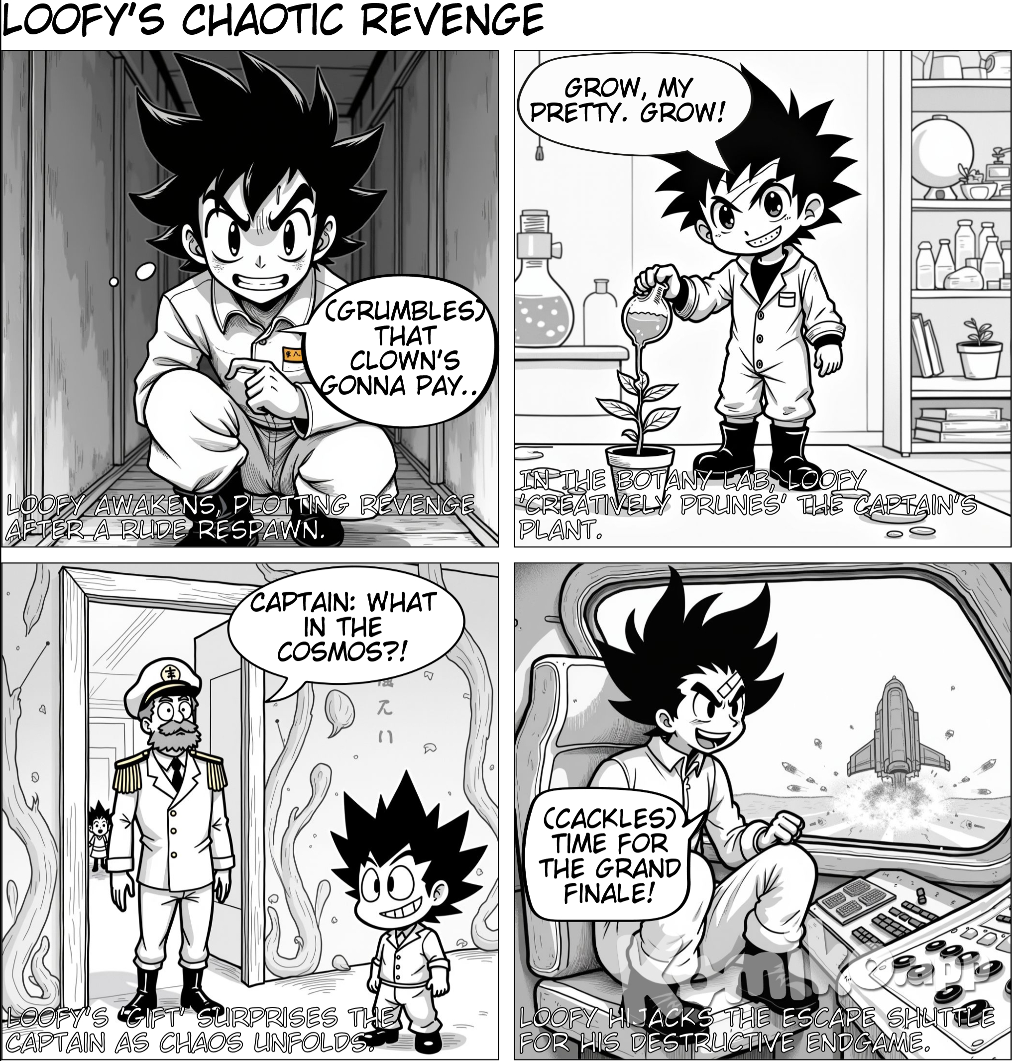 Respawn was a rude awakening. Loofy, head throbbing and smelling faintly of fried chicken, grumbled his way back to life. That clown had some explaining to do... Security was on high alert. No more stealthy sabotage today. Loofy needed something BIG. He eyed the Captain's prized potted plant. Time for some 'creative pruning'. Botany was his first stop. A liberal dose of growth hormones should do the trick.  Then, the engineering tool shed – a few loose circuits in the airlock controls, a bit of rewiring in the SMES unit...delicious disaster waiting to happen. The plant was already three sizes too big, tendrils snaking ominously. Perfect. He lugged it to the Bridge, blocking the Captain's door. "A gift!" he announced, knocking before sprinting away. The first explosion rocked the station just as the Captain emerged to investigate. Alarms screamed, lights flickered, and somewhere, a botanist cackled with glee. Through the ensuing chaos, Loofy slipped into the escape shuttle. He wasn't escaping. No, this was his grand finale.  He'd rigged the shuttle to launch…straight towards the heart of the station. Time to watch the fireworks!