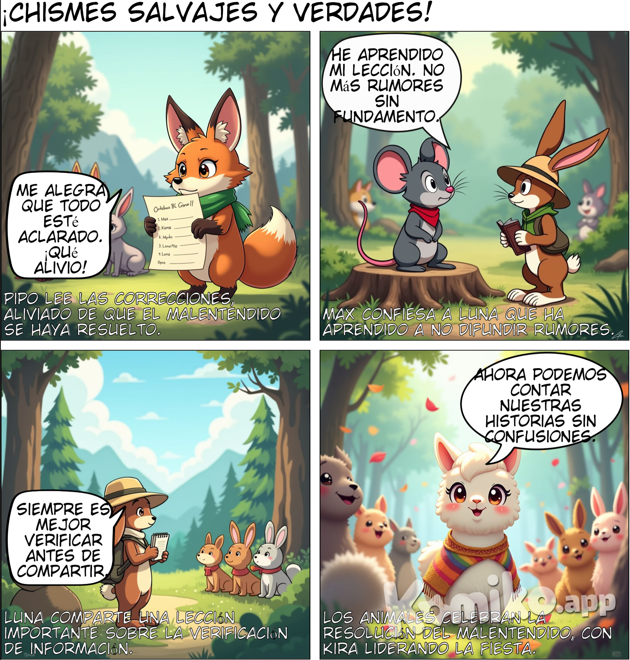 Los personajes son: Pipo - Un zorro andino tímido que teme expresar sus opiniones.  Max - Un ratón gris con un paño rojo en el cuello. Kira - Una llama cariñosa que ayuda a los demás a contar sus historias y a difundir información Luna - Una conejita andina color cafe con una sobrero de exploradora que es una periodista entusiasta. (Pipo, Bella, y los demás animales leyendo las correcciones)    - Pipo: “Me alegra que todo esté aclarado. ¡Qué alivio! (Max hablando con Luna)    - Max: “He aprendido mi lección. No más rumores sin fundamento.”    - Luna: “Siempre es mejor verificar antes de compartir.” (Los animales celebrando la resolución del malentendido)    - Kira: “Ahora podemos contar nuestras historias sin confusiones.”