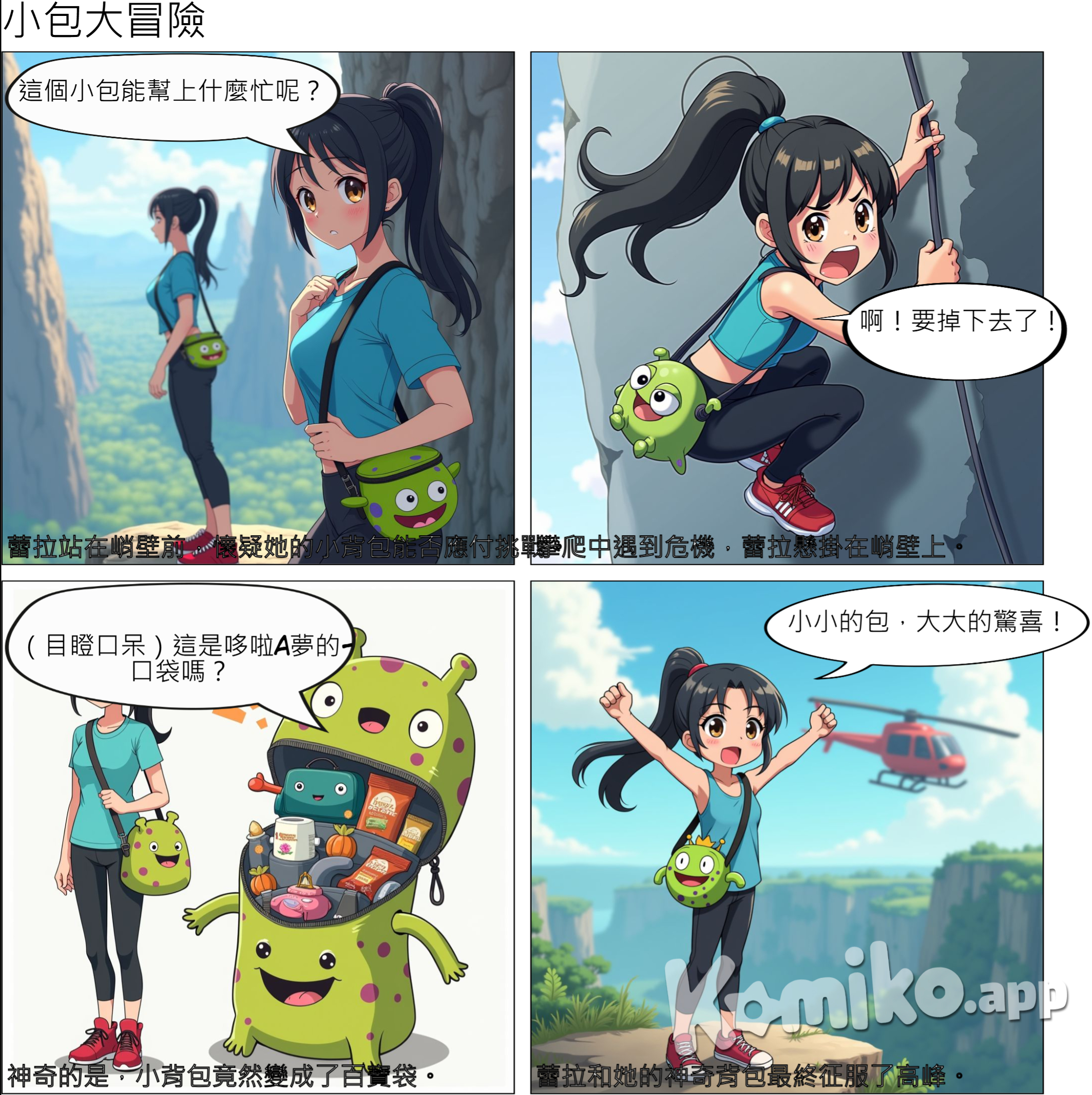 分鏡	劇本	拍攝說明 1	開場：準備與出發	這是一個開放的山谷，蕾拉站在山腳下，面對一座險峻的岩壁。她穿著運動服，神情專注但有些緊張。背著她的88PLUS卡通造型隨身包，這是她的必需品。 2	準備物品	蕾拉開始將攀岩所需的小物品（如手機、能量棒、小型水壺、繩索等）放入背包。她細心地將每一項物品整理好，神情專注。 3	開始攀爬	蕾拉背著包開始攀爬岩壁。她的動作靈活且有些謹慎，但每當她稍微停下來休息，她都會檢查背包的狀態。 4	遇到困難	在攀爬過程中，蕾拉遇到了一個難關，腳滑了一下，失去平衡。她的表情變得焦慮，感到恐懼。 5	背包的關鍵作用	蕾拉焦急地回頭，從背包中迅速取出應急物品。她掏出了繩索、手套，並拿起能量棒迅速補充體力。這些物品幫助她渡過了這個困難。  6	重新振作，繼續攀爬	蕾拉擦去額頭上的汗水，深呼吸後，重新專注於攀爬。她的動作變得更加果斷，每一步都充滿信心。背包再次隨著她的動作輕微晃動。 7	成功到達頂峰	蕾拉終於成功到達岩壁的頂端，站在高處，面對遼闊的景色。她看著遠方，臉上露出微笑，滿意和自豪地看著自己手中的背包。 8	總結與象徵	站在頂峰的蕾拉低頭看著她的88PLUS背包，眼中充滿感激。背包是她成功的見證，也是她自信與勇氣的象徵。 9	結尾與品牌呈現	蕾拉笑著向前走，背景中出現88PLUS品牌Logo，並出現廣告語。 這個包包是一個毛怪圖案的 斜背包 包包體積很小