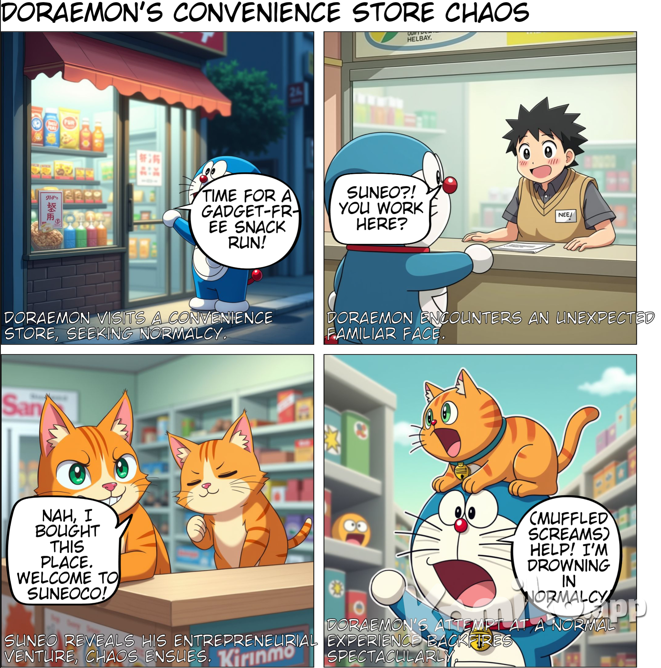 Doraemon and the pets at the convenience store, Doreamon chats with Suneo