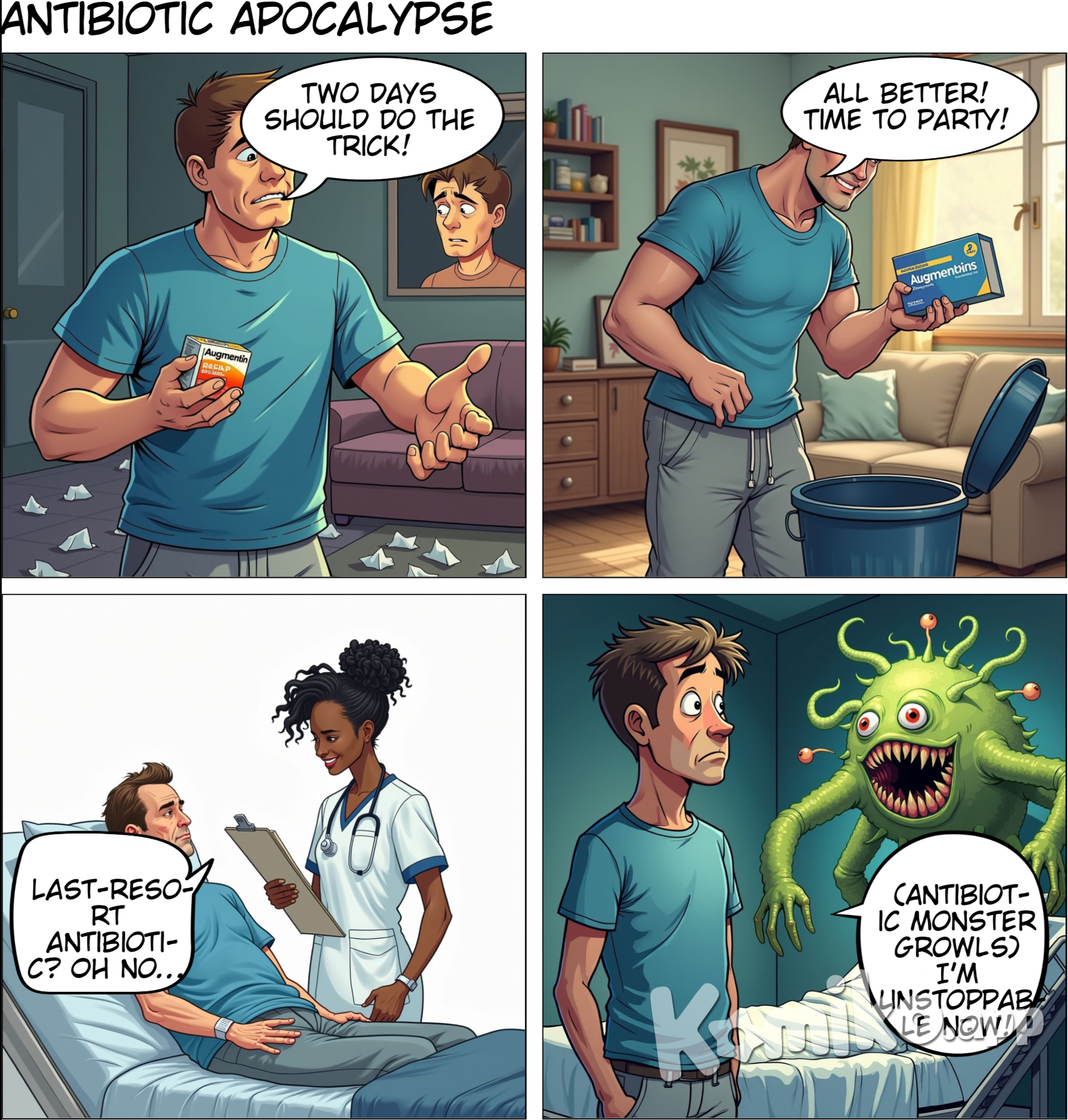 Comic Title: "The Antibiotic Dilemma"  Panel 1 Caption: "Flashback: Just a week ago..." Scene: Patient P sitting on a couch, looking a bit unwell. He has a box of Augmentin on the coffee table. Patient P: "Ugh, this minor infection is driving me crazy... but I feel a bit better now!"  Panel 2 Scene: Close-up of Patient P looking at the Augmentin box with hope. Patient P (thinking): "Just two days of Augmentin should be enough!"  Panel 3 Scene: Patient P tossing the Augmentin box into the trash, smiling while standing up. Patient P: "Time to get on with my life."  Panel 4 Caption: "A week later..." Scene: Patient P in his bedroom, looking unwell again. He has a grimace on his face, and his forehead is sweating. Patient P: "No... not again!"  Panel 5 Scene: Patient P holds his stomach in discomfort, his eyes widening in realization. Patient P: "Why isn't the Augmentin working?!"  Panel 6 Caption: "Days later, in a hospital room..." Scene: Patient P is lying in a hospital bed, looking pale and IV drip attached. A nurse is beside him. Nurse: "We're starting you on meropenem. It's a last-resort antibiotic."  Panel 7 Scene: Patient P looks worried, sitting up slightly in bed. Patient P: "I didn't think it would come to this…"  Panel 8 Caption: "Moral of the story..." Scene: Full-body shot of Patient P looking determined but a bit ashamed. Patient P (thinking): "Taking antibiotics without a prescription is risky. Next time, I’ll see a doctor first!"