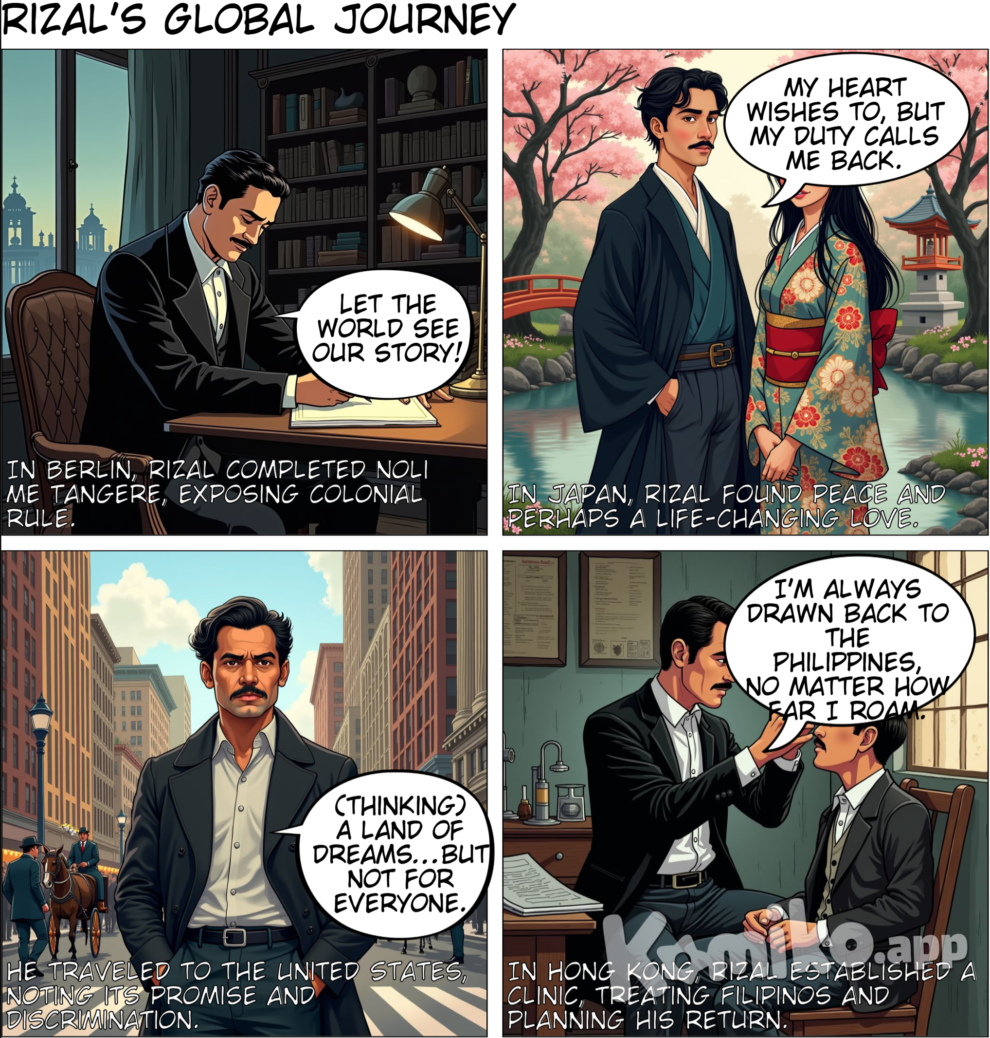 [Panel 6] Background: Berlin, Germany. Rizal is shown finishing his manuscript. Text Box: "In Berlin, Rizal completed Noli Me Tangere, a novel that would shake the Philippines and expose the truth of colonial rule."  Rizal (writing): "Let the world see our story!"  [Panel 7] Background: A traditional Japanese garden. Rizal, dressed in a kimono, is talking to Seiko Usui (O-Sei-San). Text Box: "In Japan, Rizal found peace...and perhaps a love that could have changed his life." O-Sei-San: "Will you stay, José?" Rizal: "My heart wishes to, but my duty calls me back to my people."  [Panel 8] Background: A busy street in New York. Rizal is observing the city. Text Box: "He traveled to the United States, noting both its promise of freedom and the bitter discrimination within."  Rizal (thinking): "A land of dreams…but not for everyone."  [Panel 9] Background: Hong Kong. Rizal is setting up an eye clinic, treating a Filipino patient. Text Box: "In Hong Kong, Rizal established a clinic, treating his fellow Filipinos and planning his return."  Rizal: "I’m always drawn back to the Philippines, no matter how far I roam."