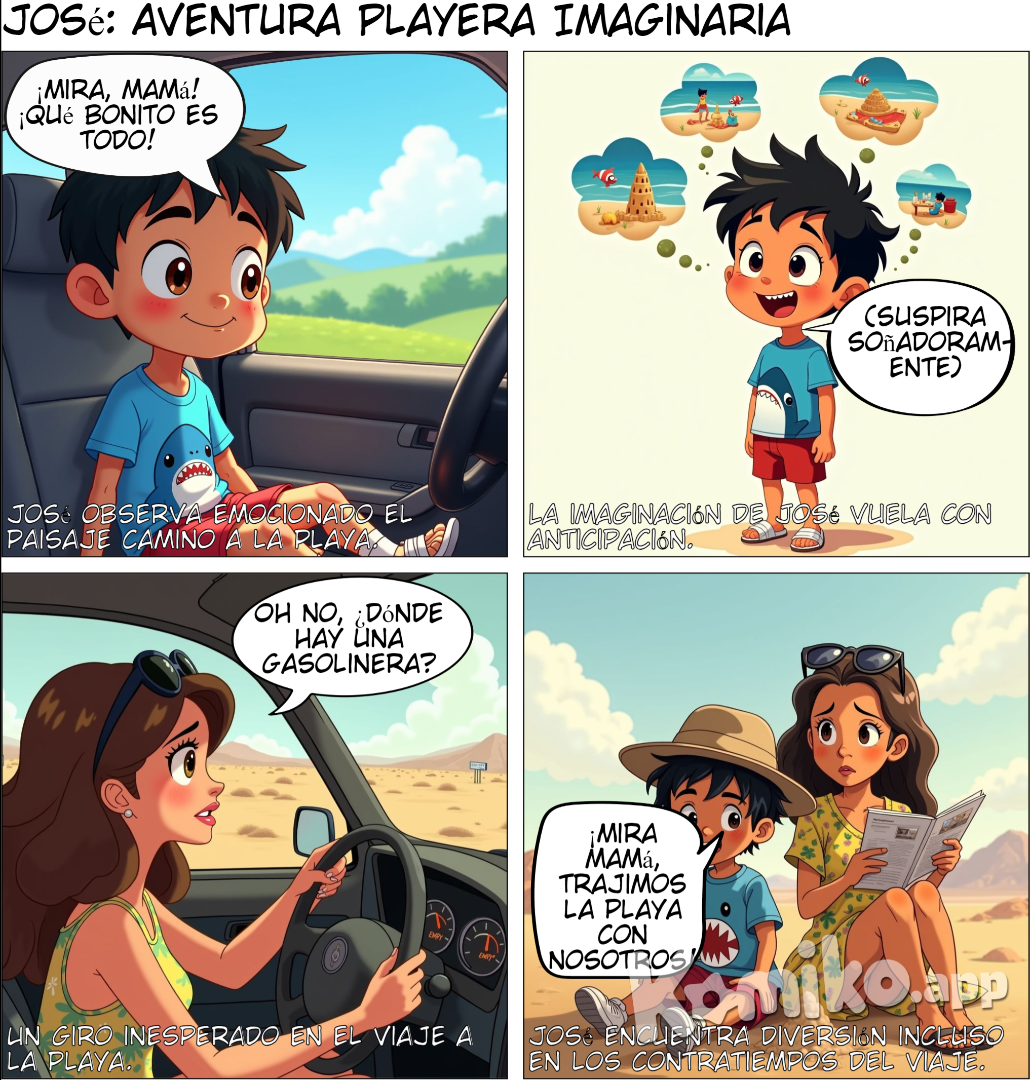 Continúa con los personajes anteriores de Jose como un niño Capítulo 3: El Viaje a la Playa José y su mamá viajan en coche hacia la playa. José mira por la ventana y ve paisajes bonitos, mientras imagina todo lo que va a hacer.
