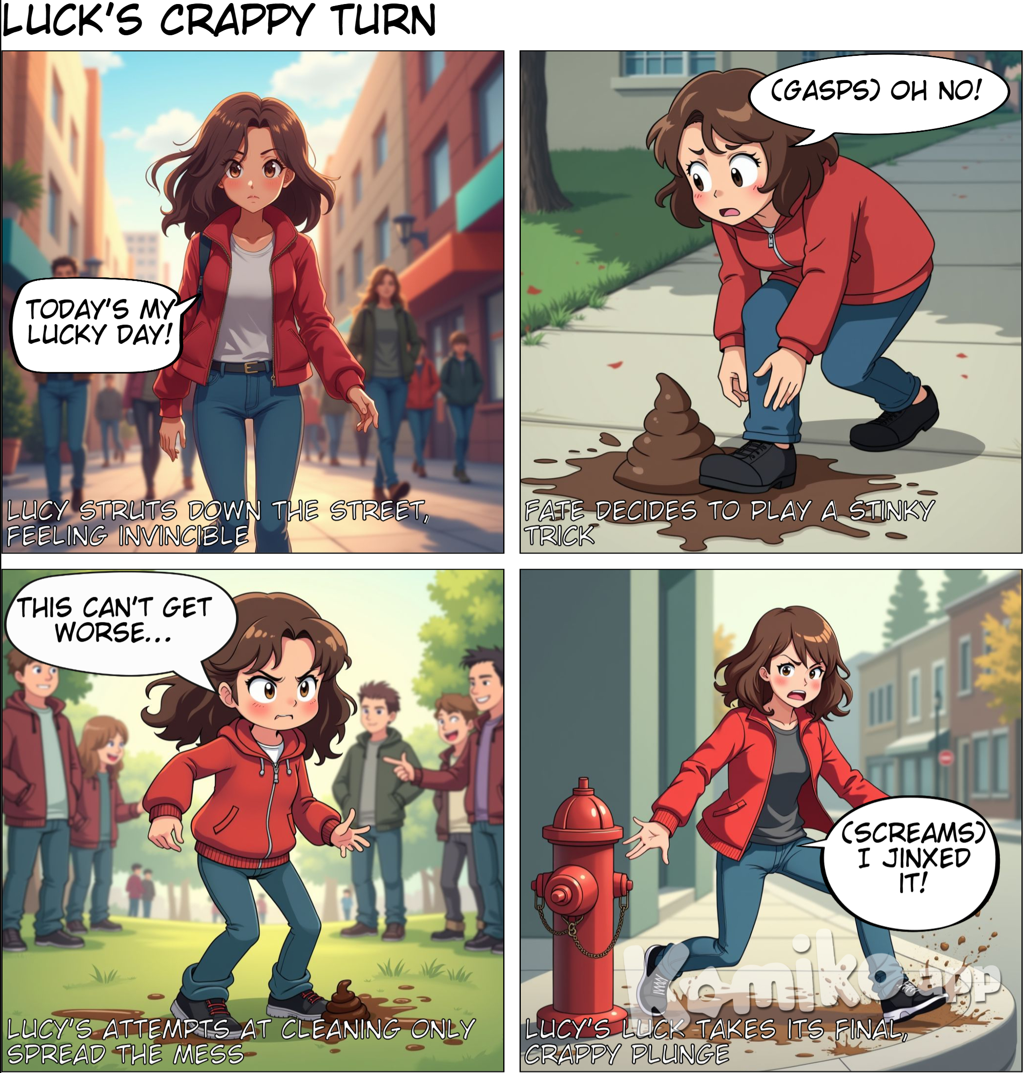 luck of woman faded in poop on her shoe and wore red jacket and brown hair