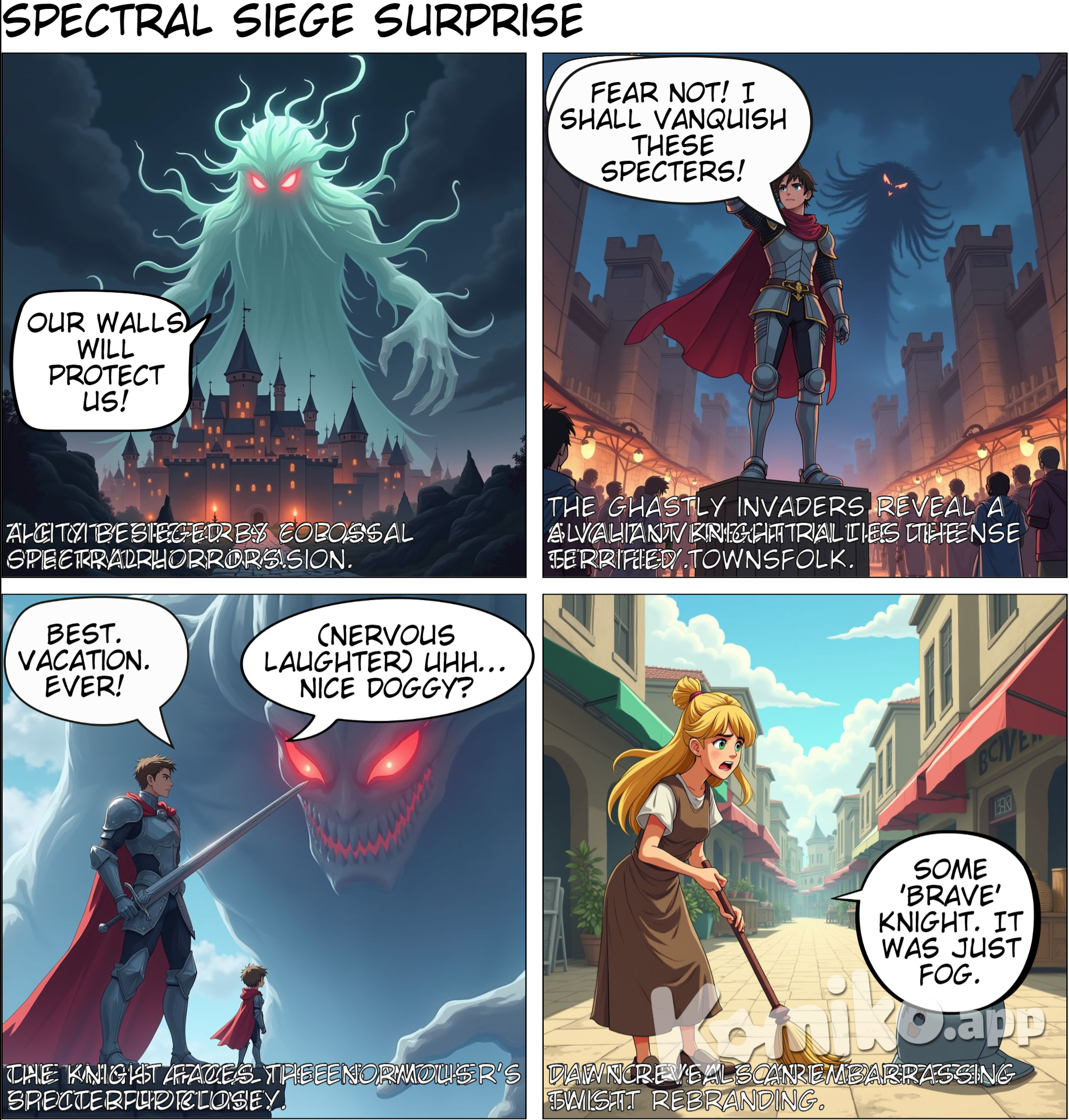 A fortified city with towering walls surrounded by darkness, with massive "Specter" monsters soaring ominously above.