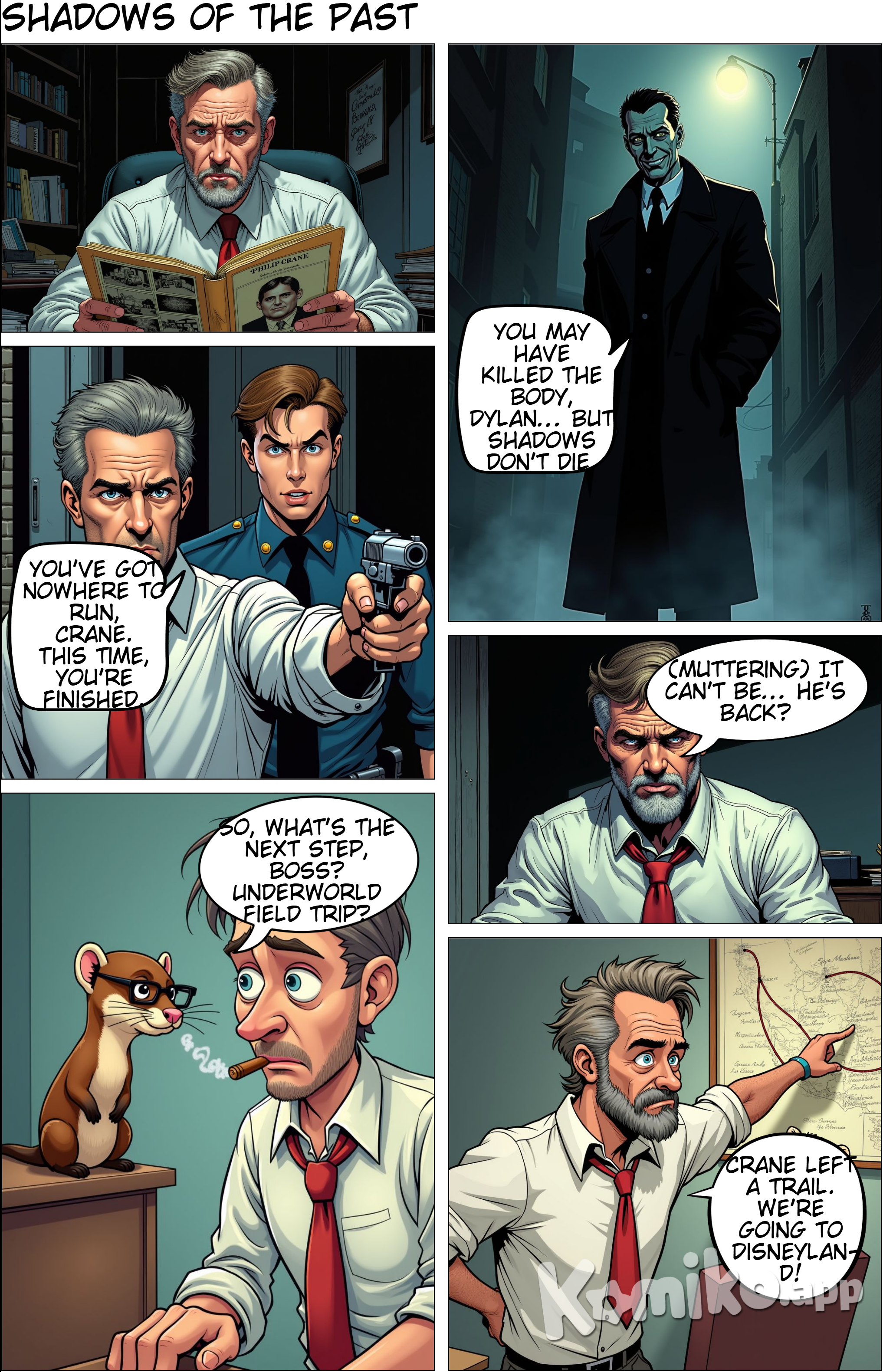 Page 4: Dylan’s Office - Late Afternoon Panel 1: Dylan studies an old file on Philip Crane. Photos from the past, reports of a series of murders. Panel 2: Flashback – Philip Crane in his infamous dark coat, with cold, empty eyes. Dylan (in flashback): (A younger Dylan confronts Crane in the past.) "You’ve got nowhere to run, Crane. This time, you’re finished." Philip Crane: "You may have killed the body, Dylan… but shadows don’t die." Panel 3: Back to the present. Dylan closes the file, worry etched on his face. Groucho: So, what’s the next step, boss? Are we visiting an old friend in the underworld? Dylan: (Determined) Crane left a trail. I know where we need to go.