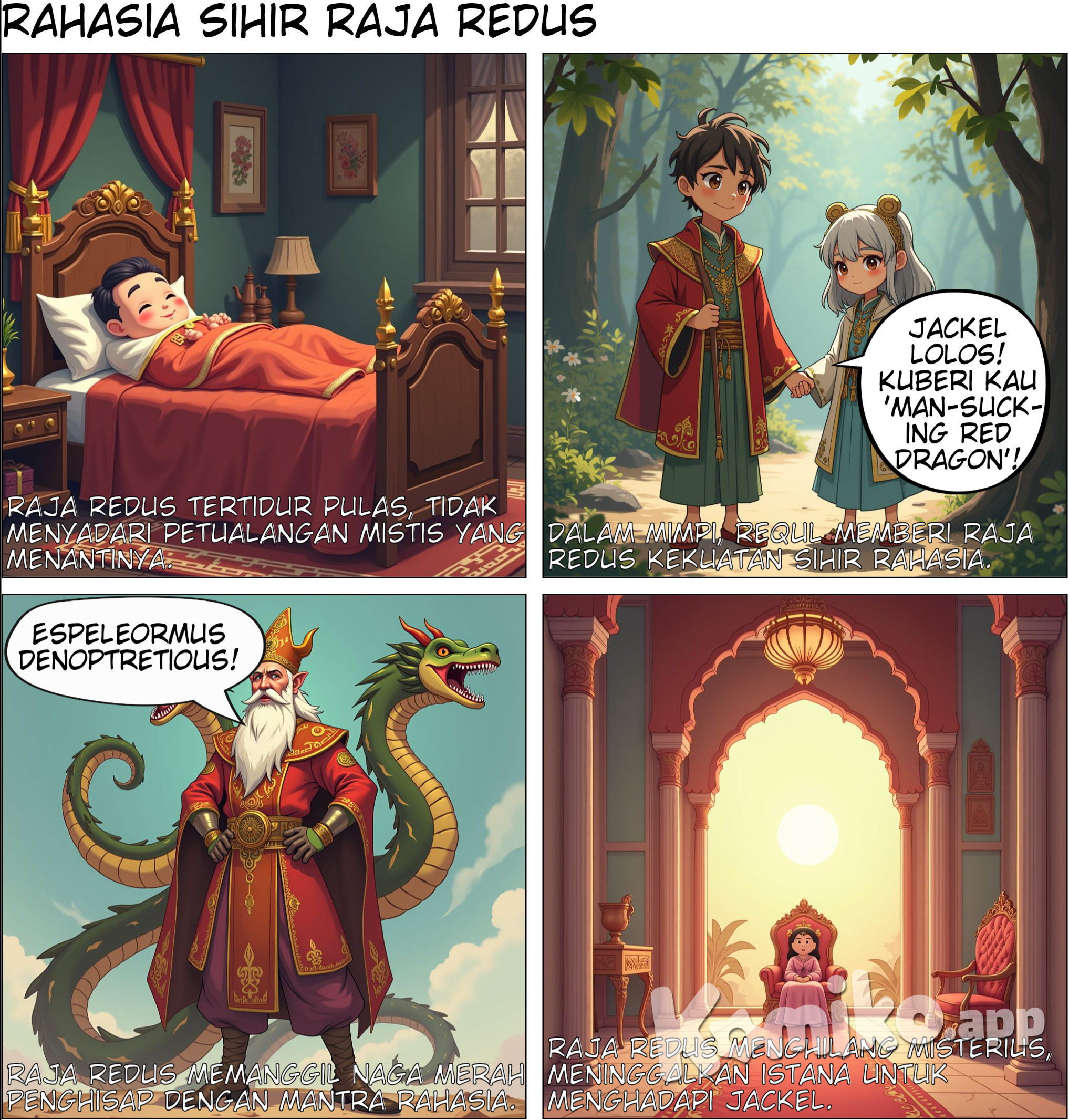 buatkan gambar komik dengan isiTernyata ia mendapatkan sihir yang hebat itu dari Requl.Saat raja Redus tertidur, ia bermimpi bertemu dengan Requl di dimensi yang berbeda dan karena itu Redus menghilang.Saat bermimpi Requl mengatakan…. “Saya ingin memberitahu kalau Jackel telah lolos dari ruangan yang sudah saya beri sihir itu,jadi saya ingin memberimu kekuatan yang tidak sempat ku pakai ketika diriku masih hidup,nama sihir ini adalah “Man-sucking red dragon”,gunakan ini untuk mengalahkan Jackel dengan mantra Espeleormus denoptretious” Itulah mengapa raja Redus menghilang dan ia tiba tiba mendapat sihir yang sangat hebat.