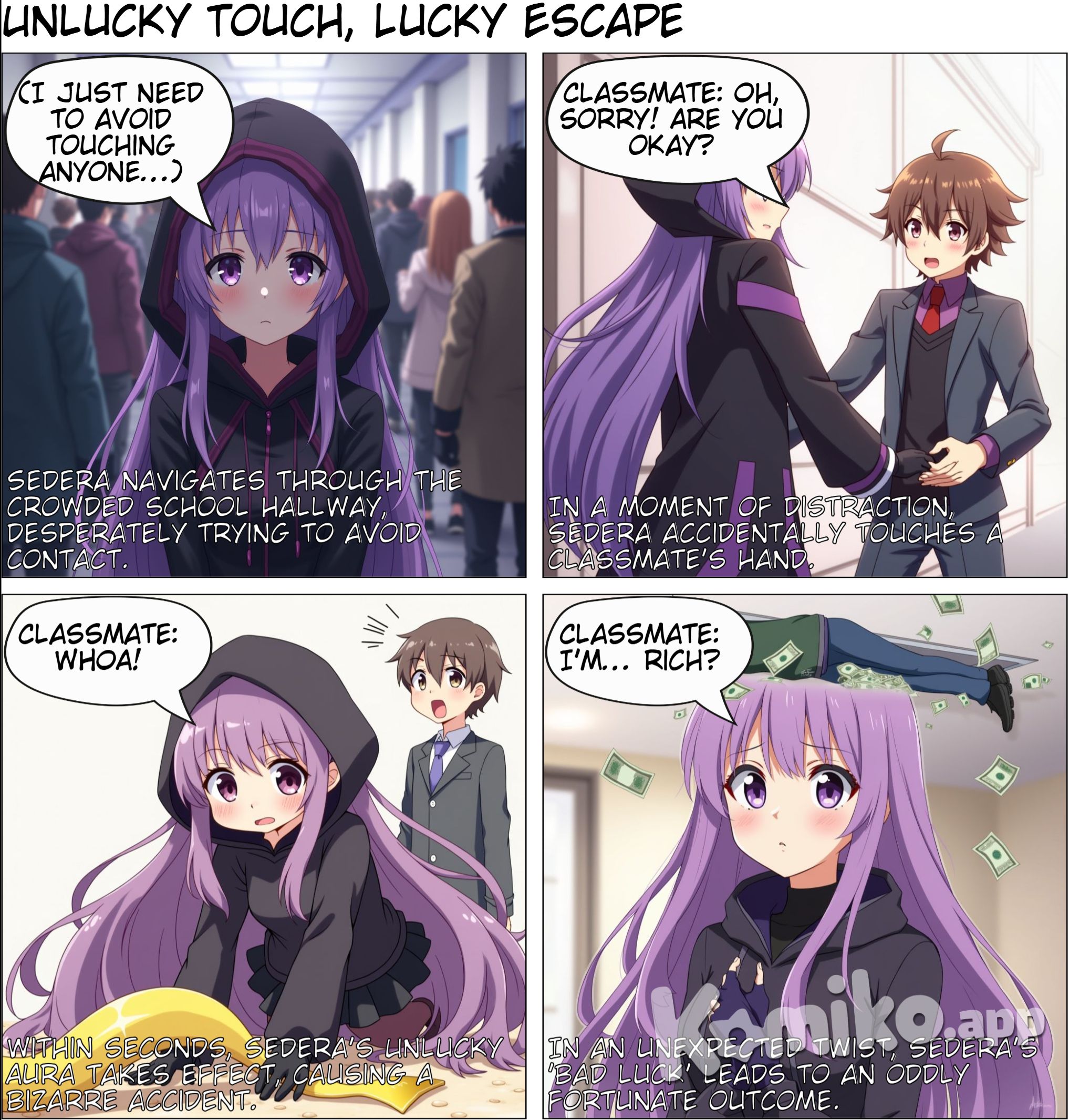 Real Name: Sedera Kurura Hero Name: Unluck Powers: Unlucky Aura: Description: This ability activates when Sedera comes into physical contact with another person. Within 5 seconds of contact, the affected individual begins to experience a series of misfortunes. These misfortunes can range from minor inconveniences to severe accidents, depending on various factors such as Sedera’s emotional state and the context of the situation. The effects are unpredictable and uncontrollable, making it a double-edged sword. Note: This power is always active and cannot be turned off, making physical contact with others a constant risk. Sedera has no control over what happens, and the outcomes are always unpredictable. Clothing is safe to touch, as the power only activates upon skin contact. Probability Alteration: Description: Sedera can manipulate the probabilities of events to produce negative outcomes. This power allows her to subtly influence the likelihood of certain events occurring, always skewing towards unfavorable results for those around her. This can lead to a chain reaction of bad luck, causing anything from tripping over a shoelace to more serious accidents. Power Description: Sedera’s powers take effect immediately upon physical contact with another person. The Unlucky Aura begins to manipulate the probabilities of events in the affected person’s surroundings, leading to a series of misfortunes, accidents, or failures. The severity and type of misfortune depend on factors such as Sedera’s emotional state and the situation they are in. The outcomes are random each time, ranging from harmless bad luck to serious injuries. This unpredictability makes Sedera’s power both a powerful asset and a potential liability. Note: The Unlucky Aura is always active and cannot be turned off, making Sedera’s interactions with others particularly challenging. Sedera has no control over the specific outcomes, and they are always unpredictable. Clothing is safe to touch, as the power only activates upon skin contact. Personality Traits: Empathetic: Despite her powers, Sedera is deeply empathetic and often feels guilty about the misfortunes she causes. Adaptable: She is constantly learning to control her emotions to minimize the negative impact of her powers. Intelligent: Sedera uses her intelligence to find creative ways to help others without causing harm. Approachable: She maintains a friendly and kind demeanor, making her well-liked despite the risks associated with her powers. Sense of Belonging: Sedera struggles with feelings of not belonging anywhere. Her powers make her feel isolated and misunderstood, leading to a sense of alienation. She often questions her place in the world and at UA High School, despite her desire to connect with others and be part of a community. Appearance: Hair Color: Violet Hair Description: Sedera’s hair is extremely long, reaching the floor and capable of being wrapped around her body 5-6 times. She keeps it hidden under her hoodie for practicality and to avoid drawing attention. Height: Approximately 5 feet 6 inches (167.6 cm) Eyes: Deep, expressive eyes that reflect her empathetic nature. Skin Tone: Fair Hero Outfit: Sedera wears a practical and stealthy hero outfit designed to cover her skin completely, minimizing the risk of accidental contact. The outfit is made of lightweight, flexible, and durable fabric in shades of black and dark purple, complementing her hair color. Her hoodie is an essential part of her outfit, helping to conceal her long hair and maintain her stealthy appearance. Accessories: She carries a pair of gloves to ensure she can interact with objects and people without triggering her powers. Her boots are designed for agility and quick movement, allowing her to navigate various terrains with ease. Background: Sedera Kurura’s life has been marked by the constant challenge of her uncontrollable powers. From a young age, she realized that her touch brought misfortune to those around her, leading to a sense of isolation and guilt. Despite this, Sedera’s empathetic nature drives her to help others, even if it means keeping her distance. Her intelligence and adaptability have helped her find ways to minimize the impact of her powers, but the unpredictability remains a constant source of anxiety. At UA High School, Sedera hopes to learn more about controlling her abilities and finding her place in the world, even as she grapples with feelings of not belonging. Preferences and Interests: Favorite Color: Dark purple, as it matches her hero outfit and hair. Hobbies: Reading mystery novels, practicing meditation to control her emotions, and sketching. Favorite Food: Comfort foods like ramen and onigiri, which she enjoys eating alone to avoid accidental contact. Music: Prefers instrumental music that helps her relax and focus, avoiding lyrics that might distract her. Favorite Place: Quiet, secluded spots where she can be alone without worrying about her powers affecting others, such as a hidden corner in the school library or a peaceful garden. Interests: Sedera is fascinated by probability theory and enjoys studying it to understand her powers better. She also has a keen interest in psychology, hoping to find ways to cope with her feelings of isolation and guilt. Emotional Struggles: Desire for Physical Touch: Sedera deeply desires physical touch and connection with others but is painfully aware that her powers make this impossible. This longing adds to her sense of isolation and sadness, making her feel more disconnected from those around her. Dark and Gloomy Outlook: Due to her powers and the resulting isolation, Sedera often has a dark and gloomy outlook on life. She struggles with feelings of hopelessness and questions her place in the world, despite her determination to find a way to belong. Sedera Kurura, known as Unluck, was born with a unique and challenging power: the Unlucky Aura. From a young age, she realized that her touch brought misfortune to those around her. This discovery came with a heavy burden, as she saw friends and family suffer from accidents and mishaps whenever they came into contact with her. The unpredictability and uncontrollability of her power led to a deep sense of guilt and isolation. Growing up, Sedera’s parents, who were supportive but cautious, helped her understand the importance of controlling her emotions. They provided her with gloves and clothing that covered her skin, minimizing the risk of accidental contact. Despite their efforts, Sedera often felt like an outsider, unable to experience the simple joys of physical touch and connection. Determined to find a way to use her powers for good, Sedera enrolled at UA High School, a prestigious academy for aspiring heroes. She hoped that the school would provide her with the training and support she needed to control her abilities and find her place in the world. At UA High, Sedera met other students with unique powers and challenges, which helped her feel less alone. However, her powers still made her wary of forming close relationships, fearing the harm she might cause. Sedera’s time at UA High has been a journey of self-discovery and growth. She has learned to harness her intelligence and adaptability to find creative solutions to her problems. Her fascination with probability theory and psychology has driven her to study these subjects in depth, hoping to gain better control over her powers and understand the impact they have on others. Despite her dark and gloomy outlook, Sedera’s empathetic nature shines through. She often goes out of her way to help others, even if it means keeping her distance. Her desire for physical touch and connection remains a constant struggle, adding to her sense of isolation and sadness. Yet, she remains determined to overcome these challenges and find her place in the world. Sedera’s story is one of resilience and determination. She continues to navigate the complexities of her powers while striving to connect with others and make a positive impact. As she progresses through her training at UA High, Sedera hopes to become a hero who can protect and support those around her, despite the risks her powers pose. Her journey is a testament to the strength of the human spirit and the unwavering desire to belong and make a difference.