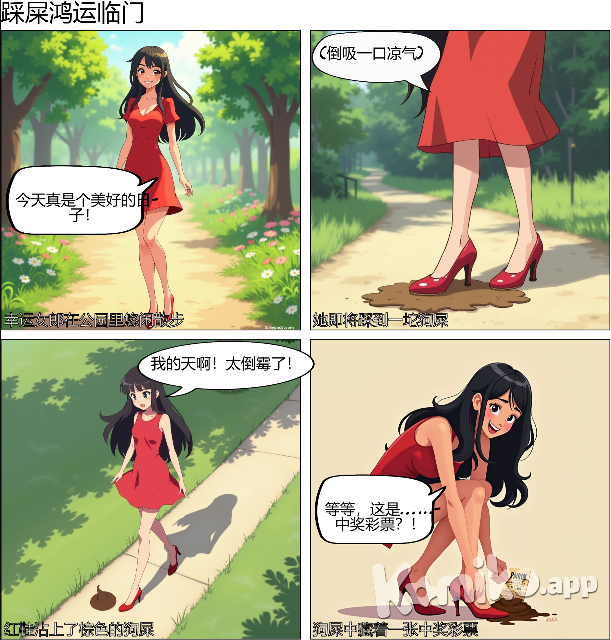 the woman with wear red clothes and step on the poop and become being lucky in the park