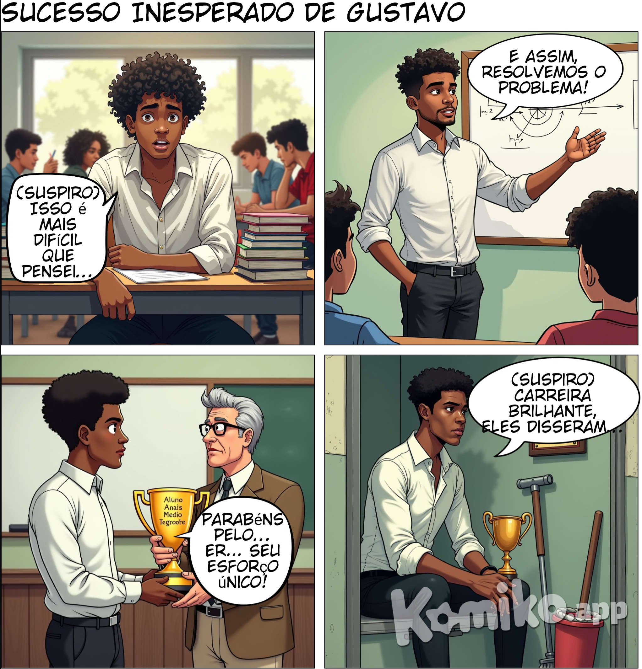 Parte 1: O Início**  Gustavo sempre foi um aluno negro dedicado. Com seu cabelo crespo curto e corte degradê, ele se destacava não só pelo estilo, mas também pela inteligência. Quando ele começou o curso de aprendizado no Savegnago, sabia que seria uma grande oportunidade para crescer.  ---  **Parte 2: O Desafio**  No curso, Gustavo enfrentou muitos desafios. Desde aprender novas técnicas até trabalhar em equipe, ele sempre se esforçava ao máximo. Seus colegas e professores logo perceberam sua dedicação e começaram a admirá-lo.  ---  **Parte 3: A Superação**  Com o tempo, Gustavo começou a se destacar ainda mais. Ele não só dominava as tarefas, mas também ajudava seus colegas. Sua paixão pelo aprendizado e sua vontade de ajudar os outros fizeram dele um exemplo para todos.  ---  **Parte 4: O Sucesso**  No final do curso, Gustavo foi reconhecido como um dos melhores alunos. Ele recebeu elogios de seus professores e colegas, e foi convidado para participar de projetos importantes na empresa. Gustavo sabia que aquele era apenas o começo de uma carreira brilhante.  ---