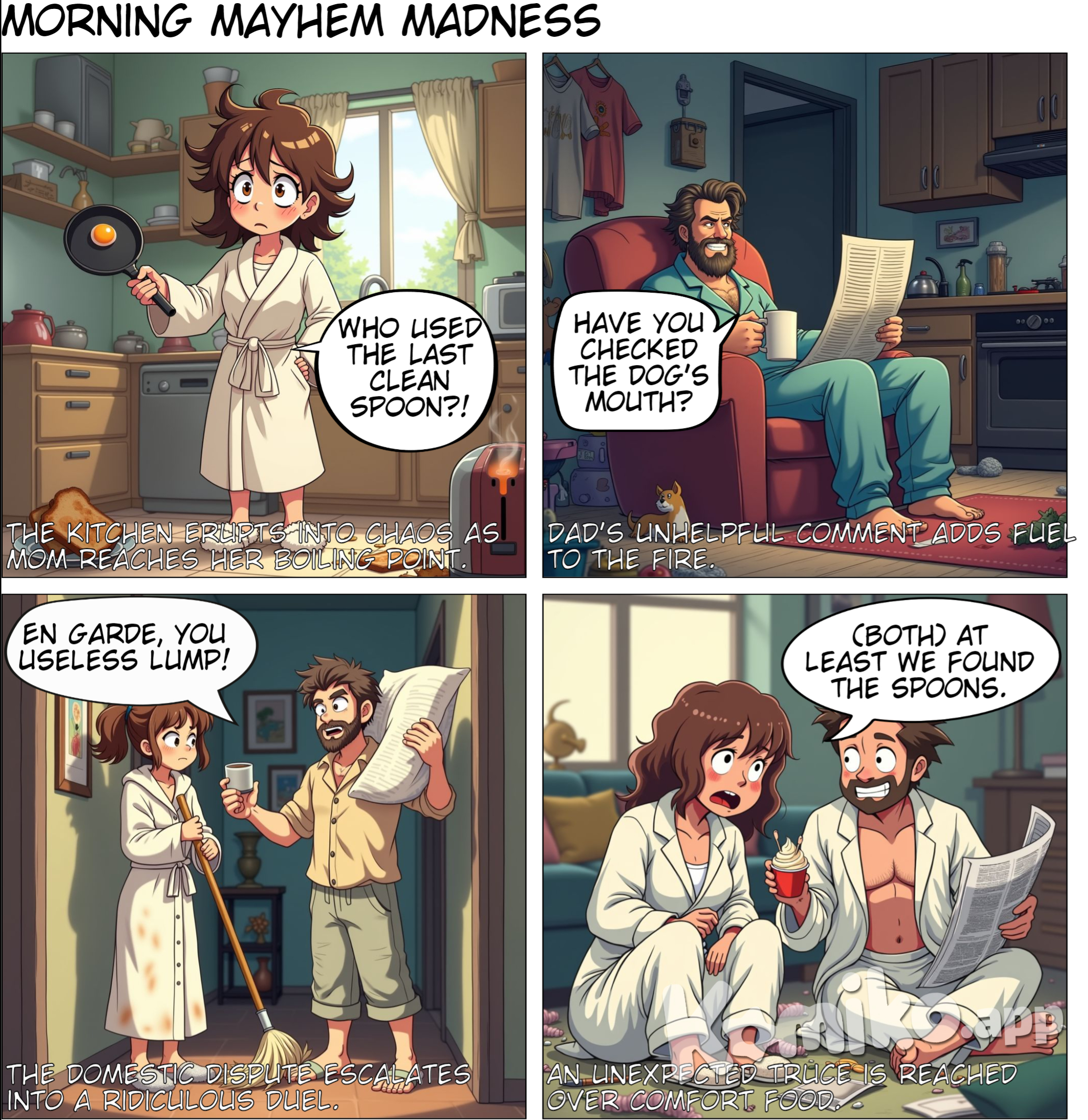 A chaotic morning escalates into a dramatic (and hilariously exaggerated) showdown between a stressed-out mom and a sarcastic dad, ending with an unexpected truce amidst the chaos.