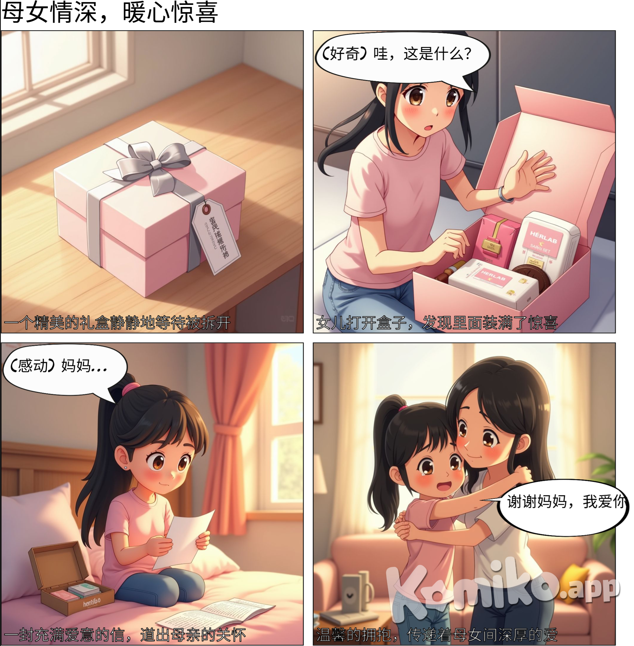 A surprise gift box containing a pack of sanitary napkins and other items as well as a letter from a mother to her daughter. This sanitary napkin brand is called HERLAB, and this gift box is called HERLAB x CurioBox, in Chinese language, 3D style